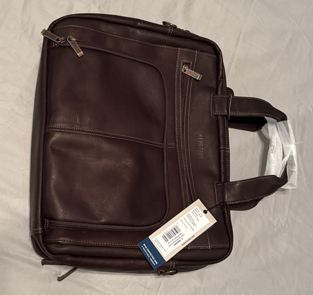 Kenneth Cole REACTION Leather RFID Shoulder Satchel Laptop Out Bag Brown NEW