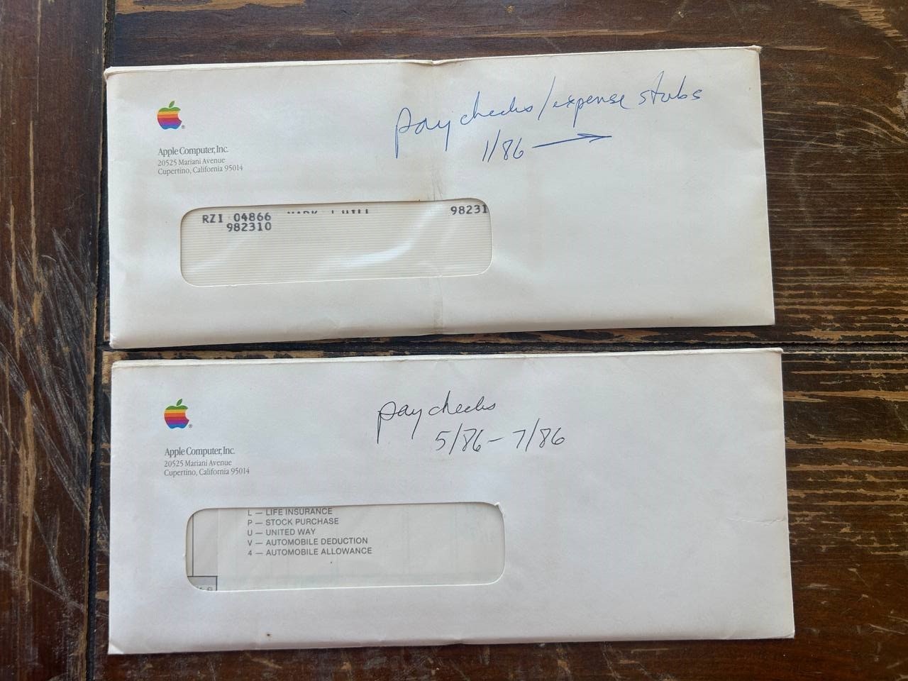 Vintage Apple Computer Inc Payroll Check Envelopes 1986 Lot of 2 Sealed