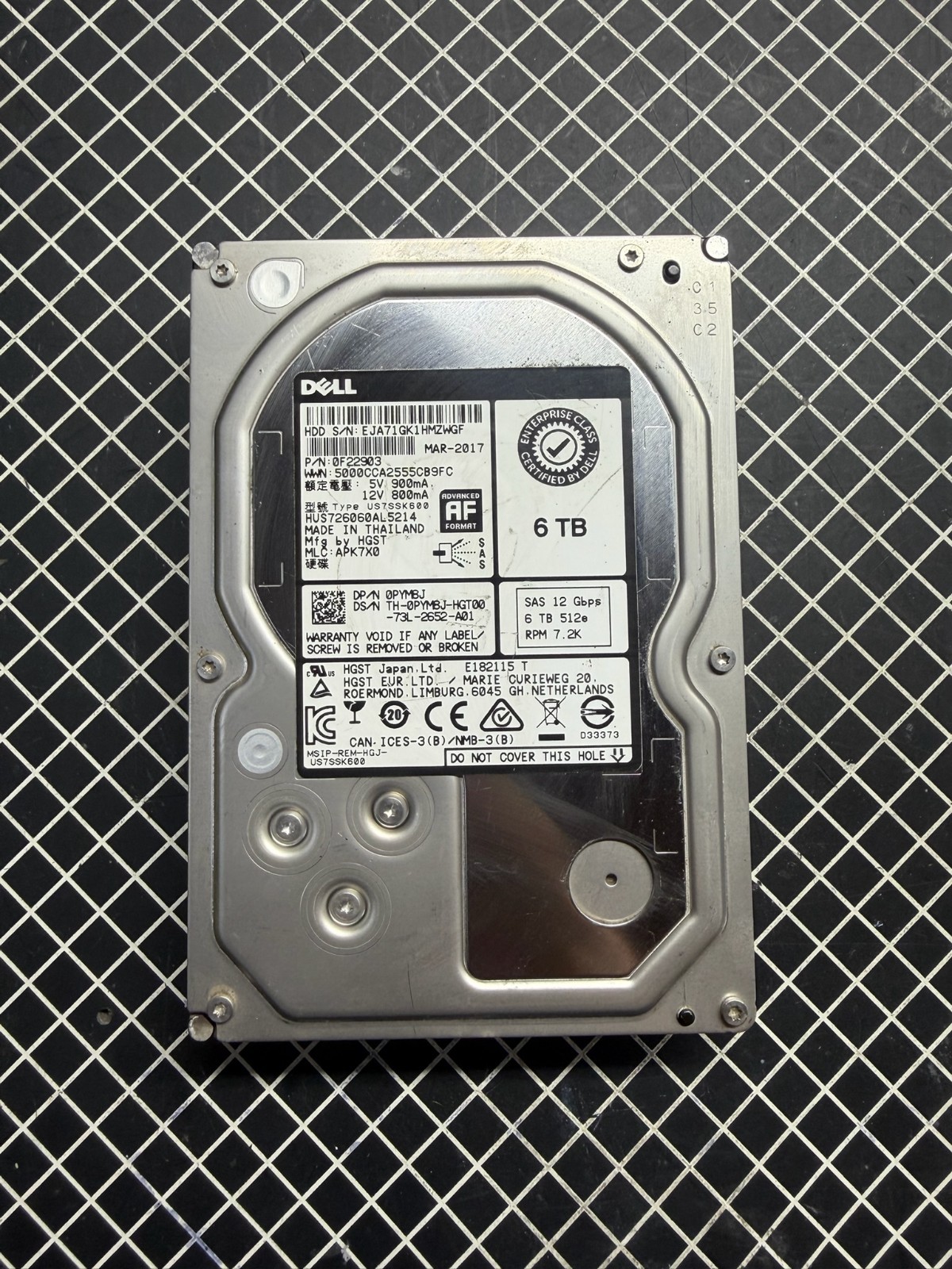 Dell Enterprise 6TB 7.2K NL SAS 12Gb/s 3.5" Hard Drive HDD HUS726060AL5214 PYM8J