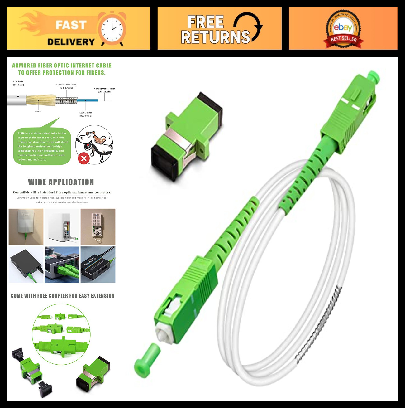 5M Armored SC/APC to SC/APC Fiber Optic Cable, Single Mode Jumper 9/125um, LSZH