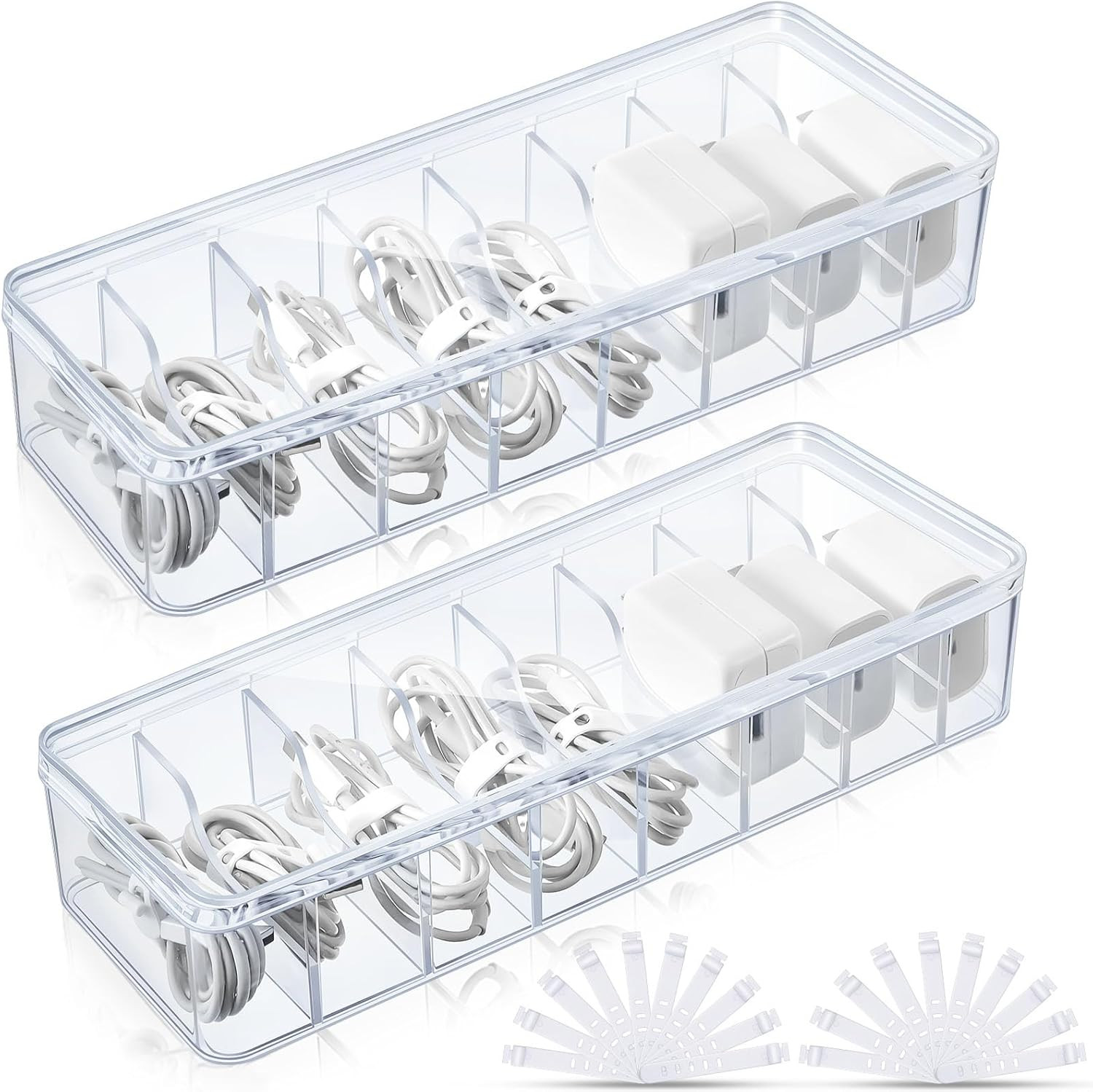 2 Pack Clear Cable Organizer Box with Lid & Dividers Cord Storage Container