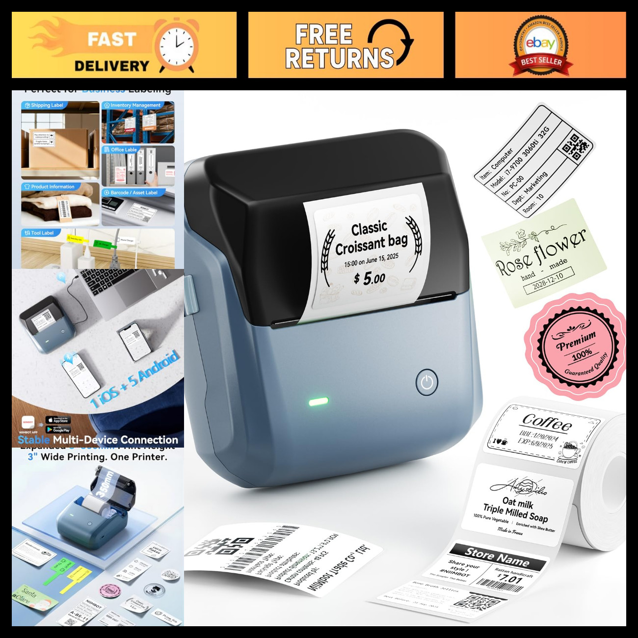 3-Inch Bluetooth Thermal Label Maker Printer - High-Speed, Portable & Easy to Us