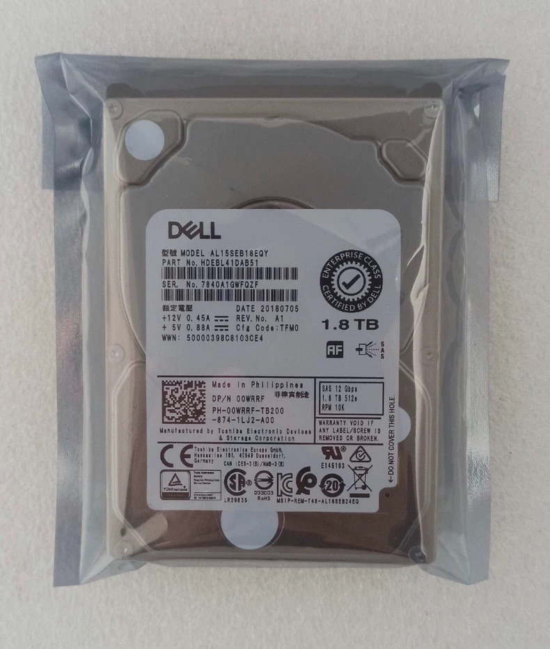 0WRRF Dell 1.8TB 10K 12Gbps SAS 2.5'' 512e HDD Hard Drive 00WRRF AL15SEB18EQY