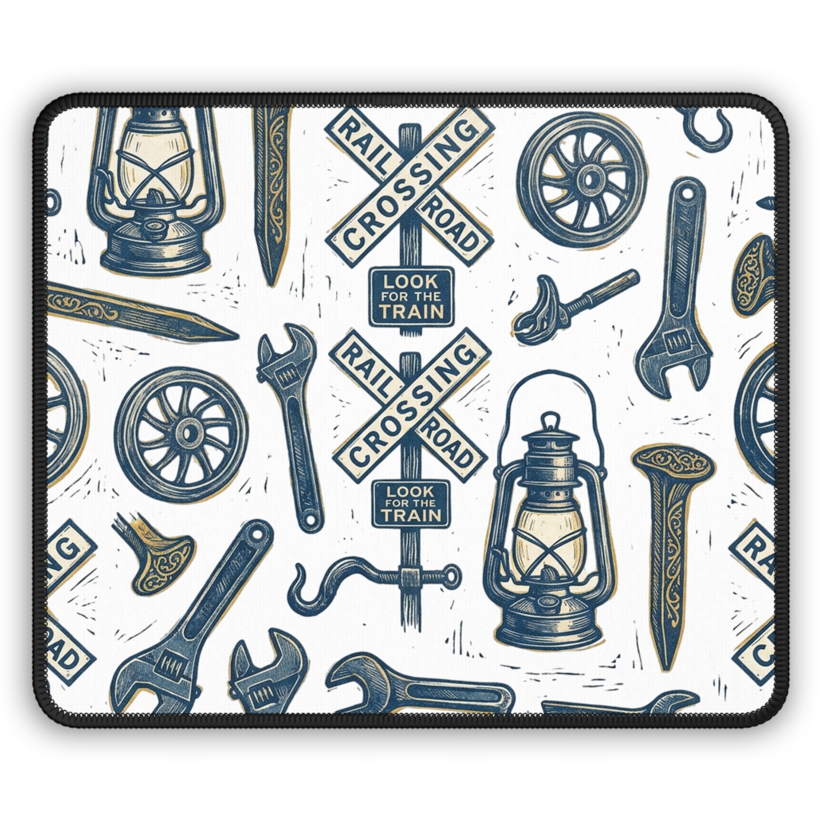 Railroad Crossing Tools pattern Gaming Mouse Pad | vintage lantern wrench wheel