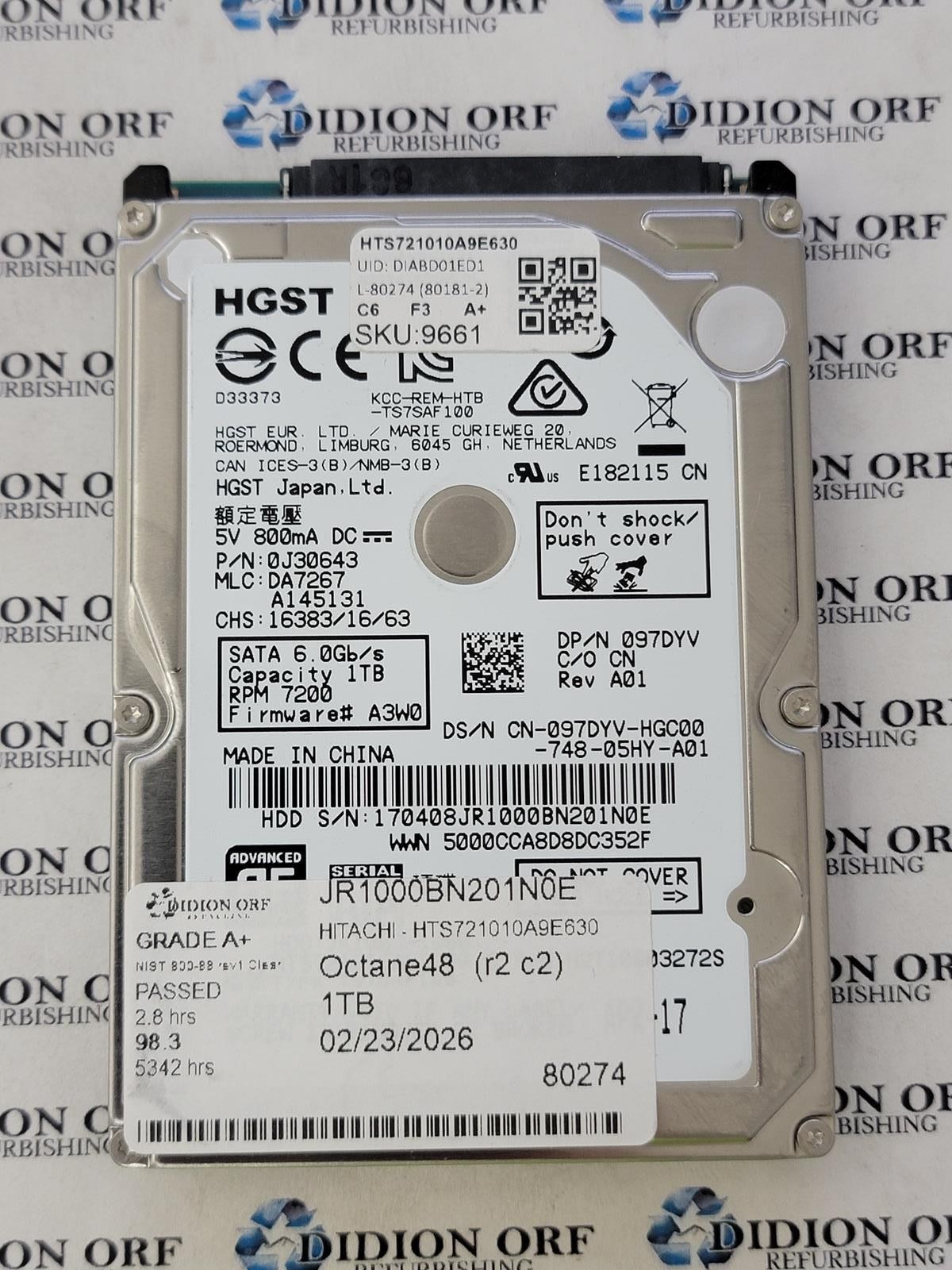 HGST 1TB 2.5" SATA HDD 7200 RPM HTS721010A9E630 GRADE A SKU 9661
