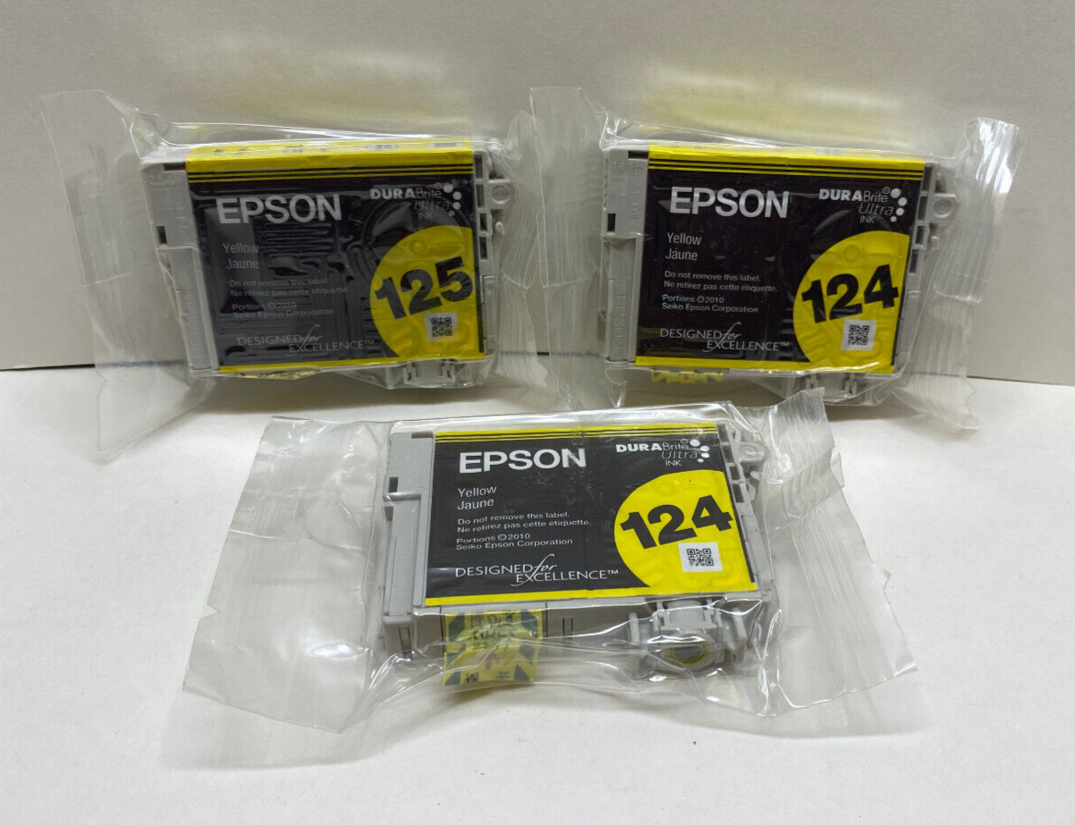 3 Genuine  Epson 124 & 125 Yellow Cartridges Factory Sealed No Boxes