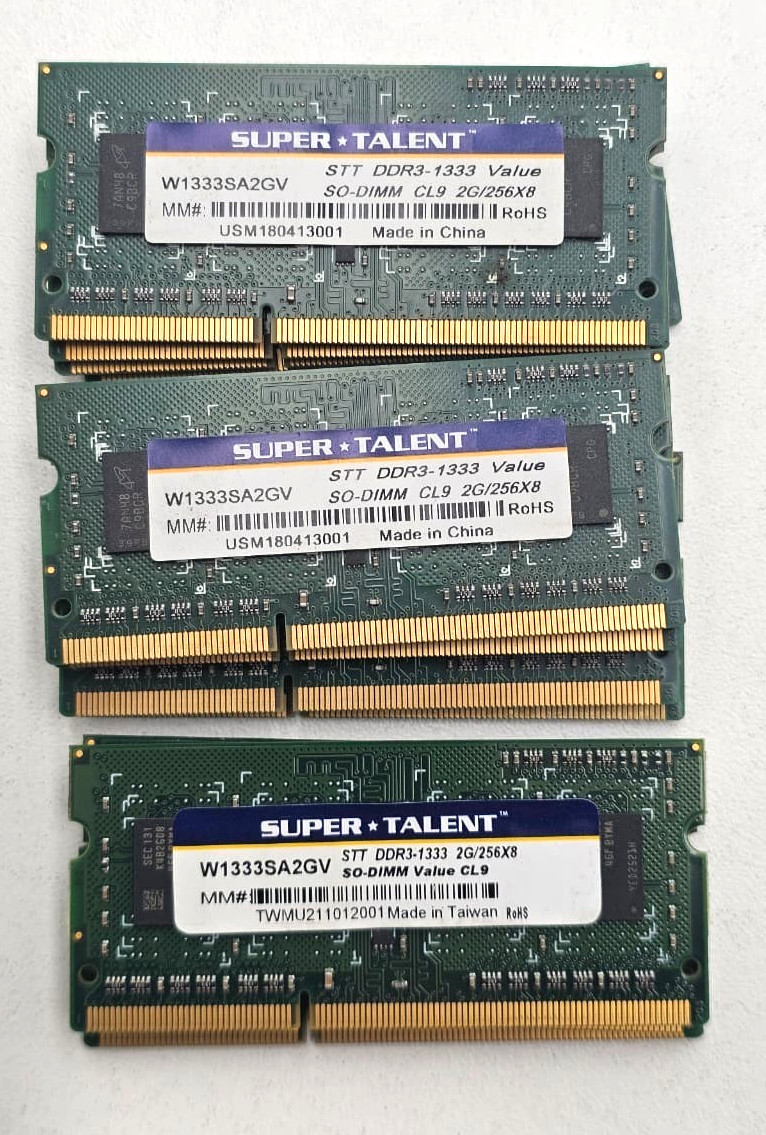 Lot of 11 Super Talent DDR31333 SO-DIMM Laptop RAM W13333SA2GV CL9 Memory Module