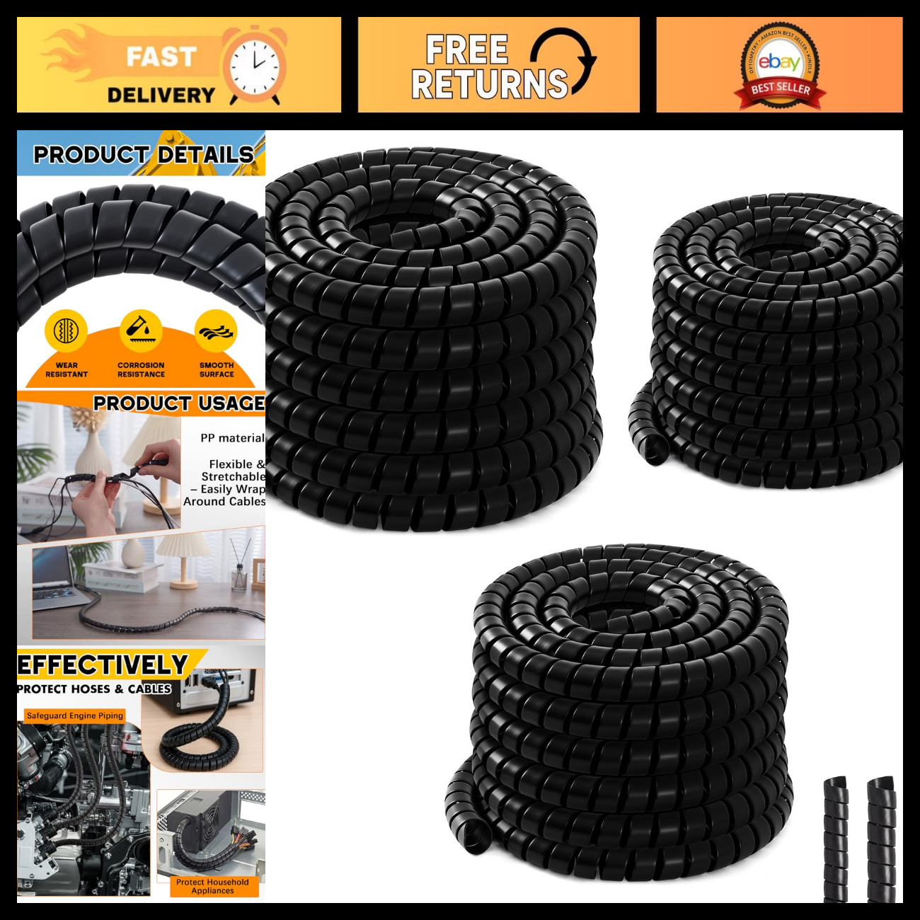 3 Pcs Spiral Cable Protector Wraps - 1/4", 1/2", 1" OD x 50ft - Hydraulic Hose S
