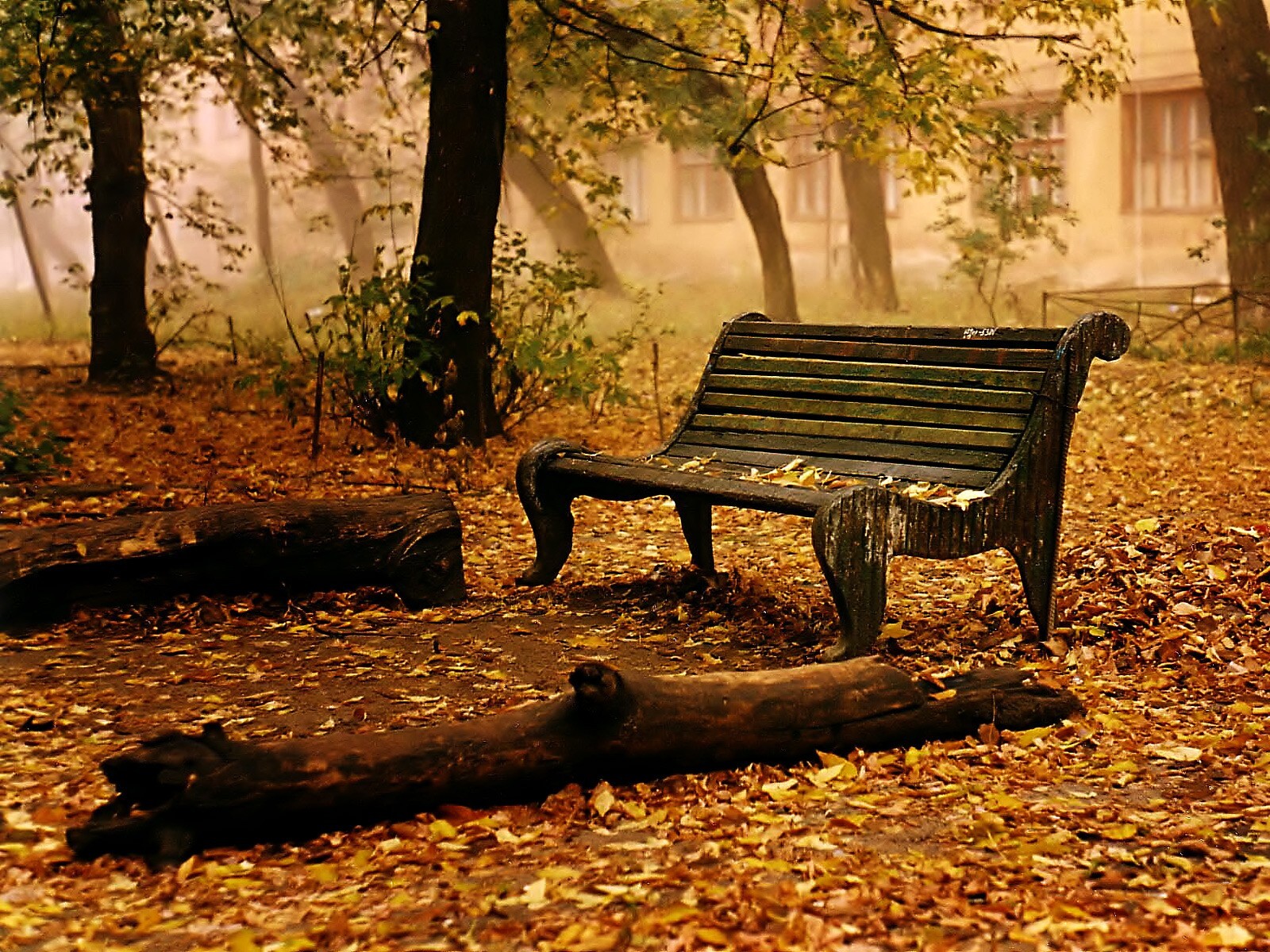 Landscape fall park bench leaves log fallen orange Custom Gaming Mat Desk