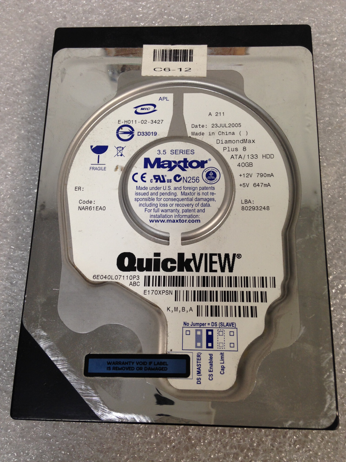 MaxtorDiamondMaxPlus8, NAR61EA0, 6E040L07110P3 40GB IDE 3.5"Hard Drive QuickView