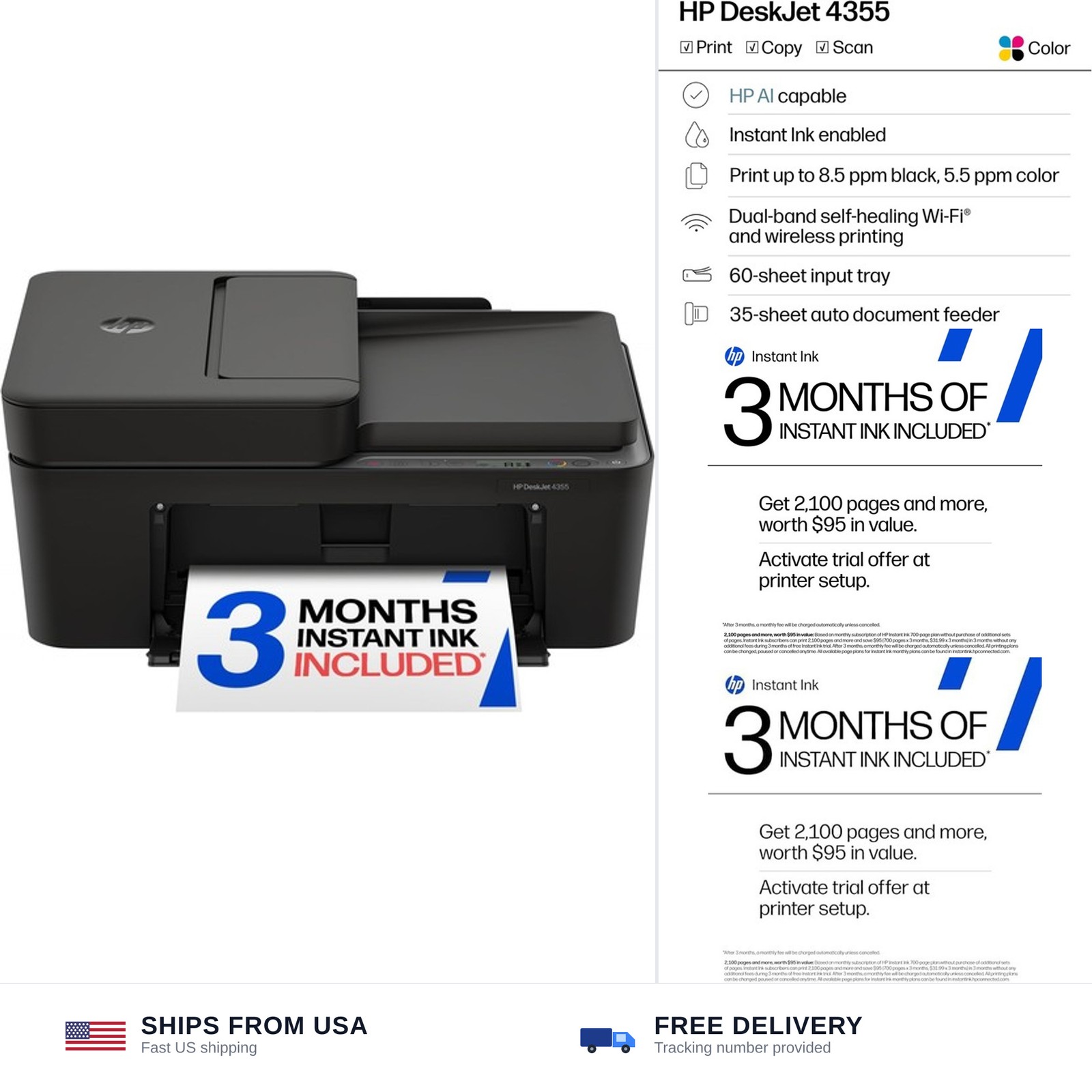 HP DeskJet 4355 Wireless All-in-One Color Inkjet Printer, Scanner, Copier, Be...