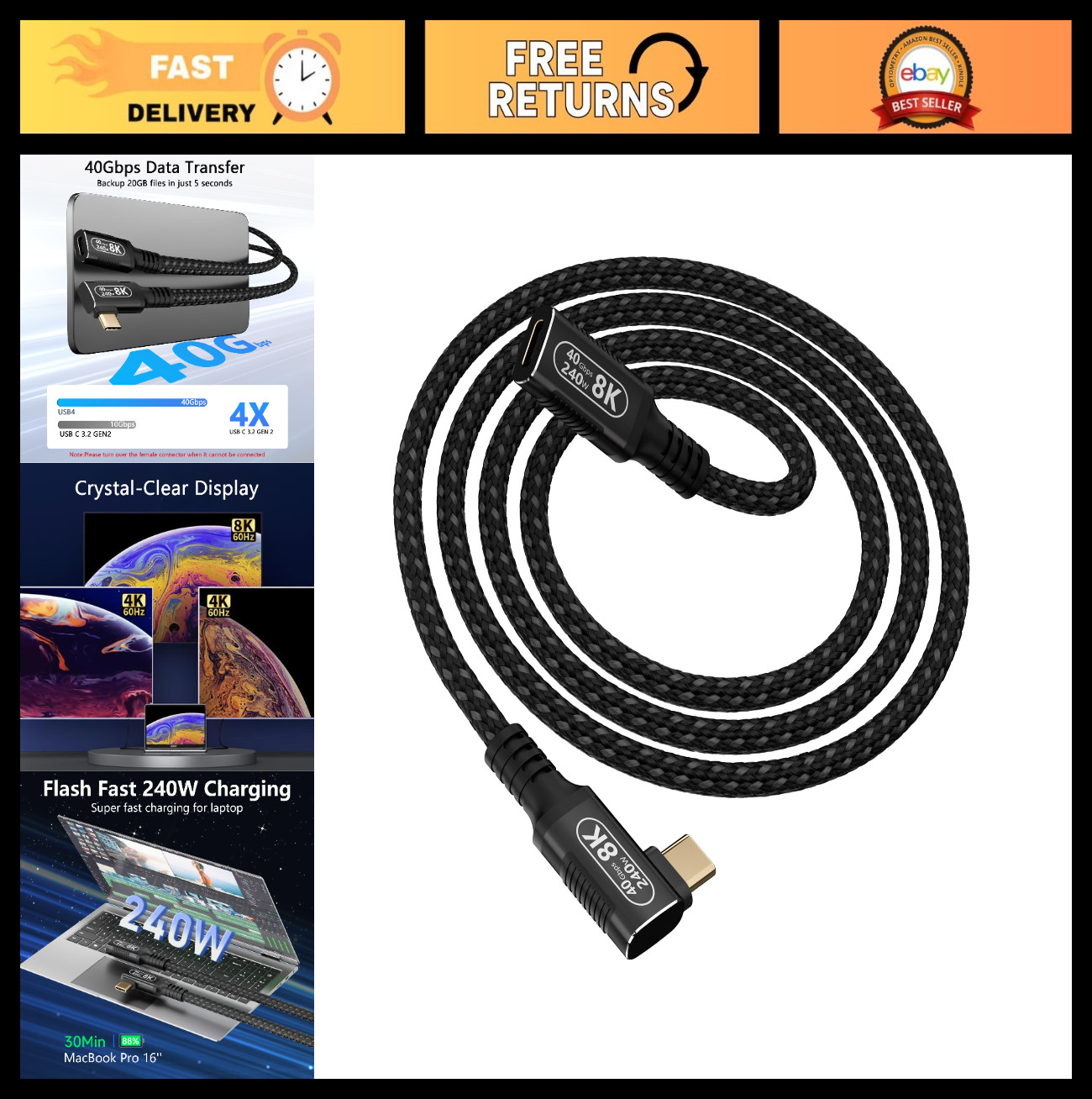 90° Right Angle USB C Extender 3.3FT, 40Gbps Data, 240W Charging, 8K Video, MacB