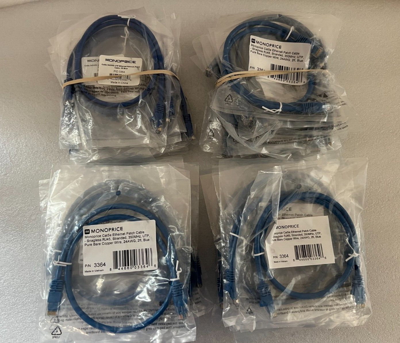 Lot of 10 Monoprice Cat5e Ethernet Patch Cable - 2ft - Blue, RJ45, 350Mhz, 24AWG