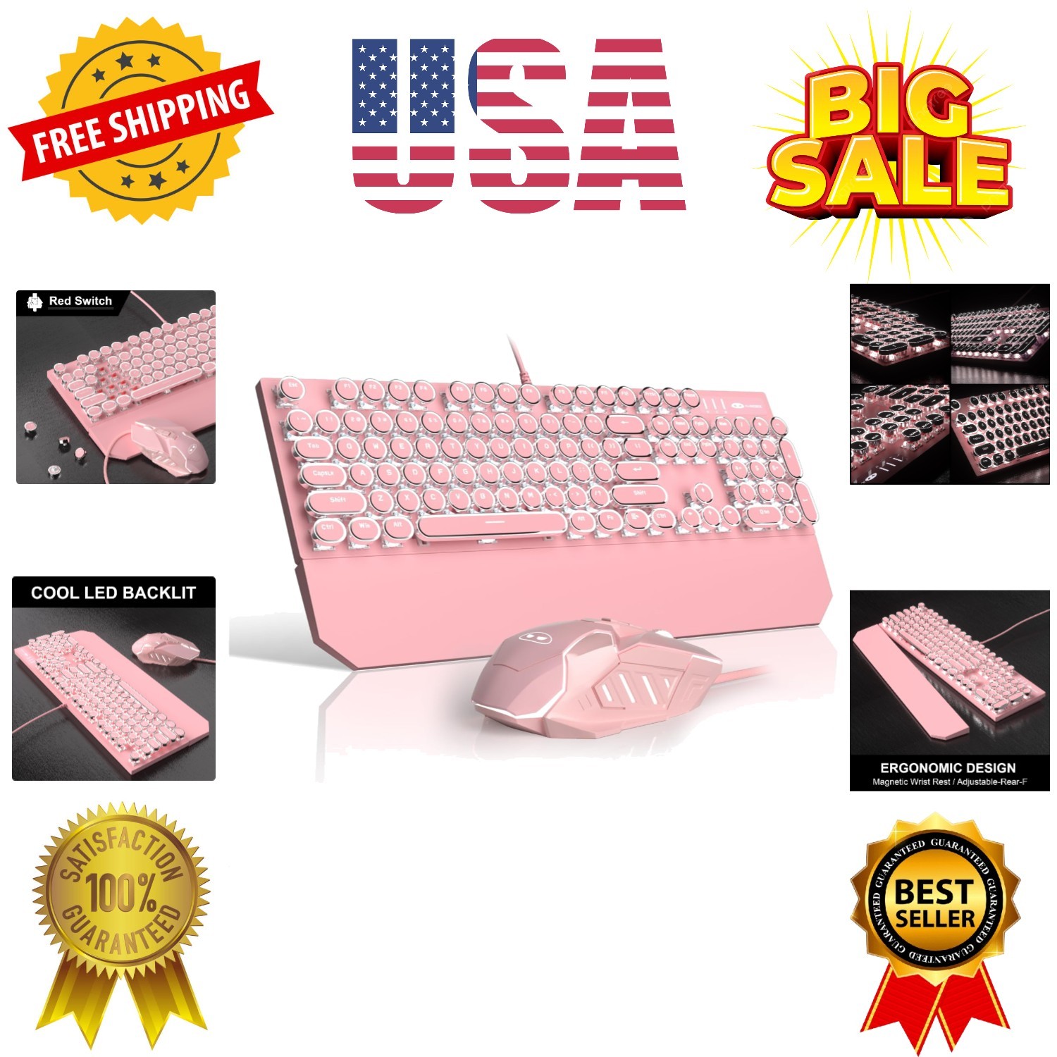 Retro Pink Typewriter-Style Keyboard and Mouse Combo, Cute Light Up Wired Mec...