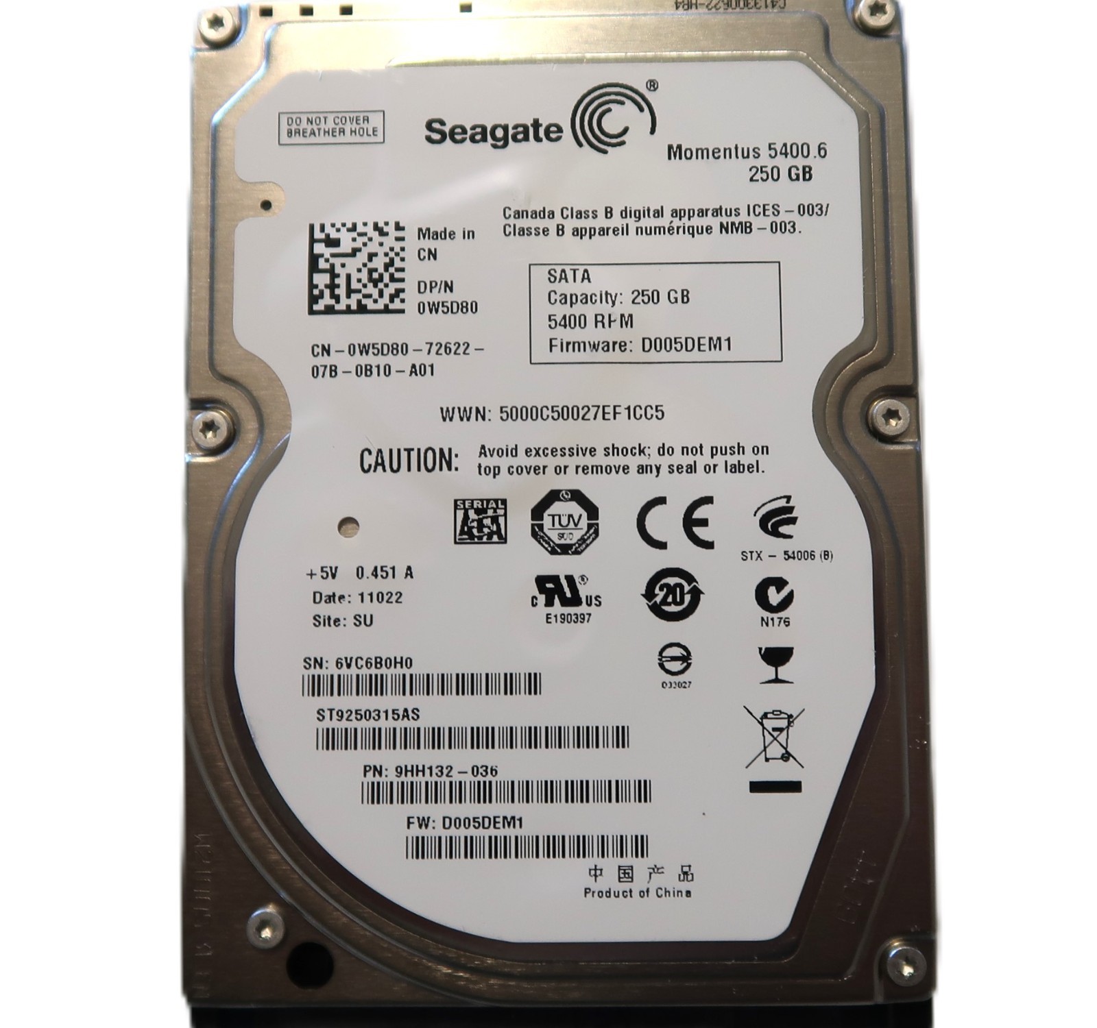 Seagate ST9250315AS 9HH132-036 D005DEM1 (6VC) SU China 2.5" 250gb Sata 07/2010
