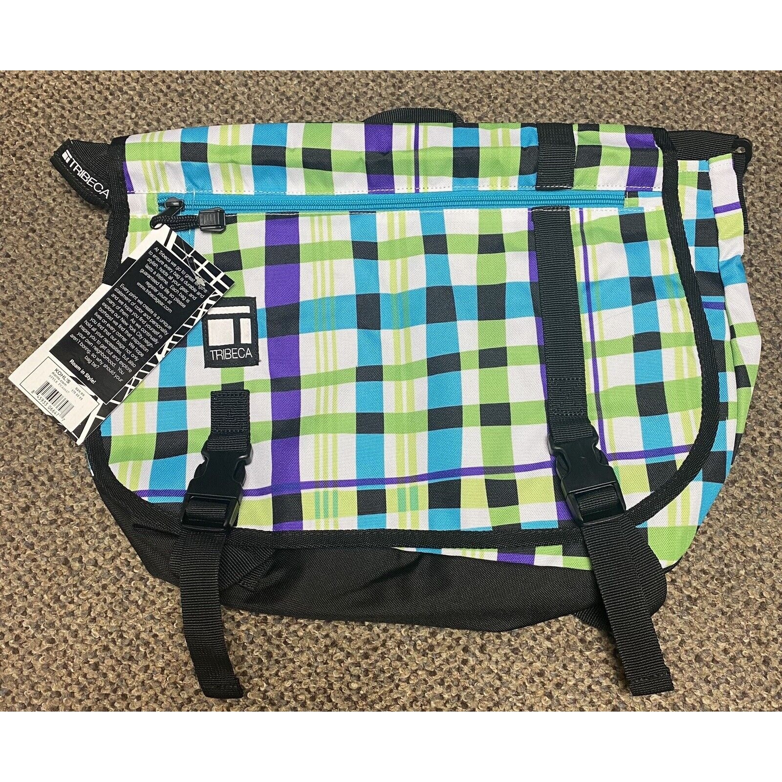 Tribeca Messenger Bag Blue Green Purple White Black 16x12 Laptop Books NWT 6