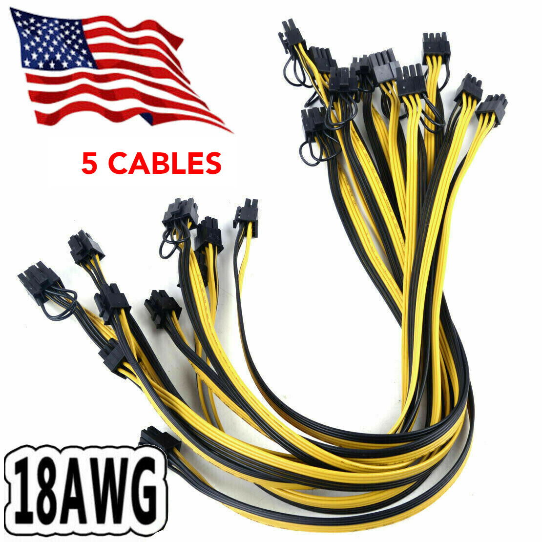 5pcs 50cm Quality 6pin to 8Pin (6+2Pin) PCI-E Cable 18AWG ASIC Bitcoin Mining US