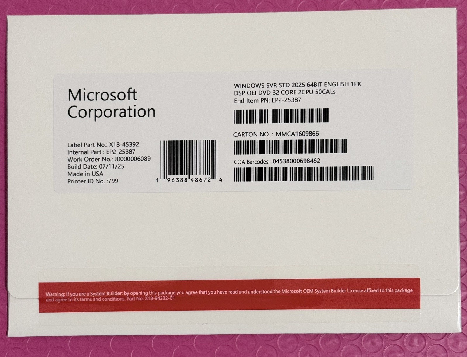 Microsoft Windows Server 2025 Standard 64bit 32 Core-50 CALs DVD With Key Sealed