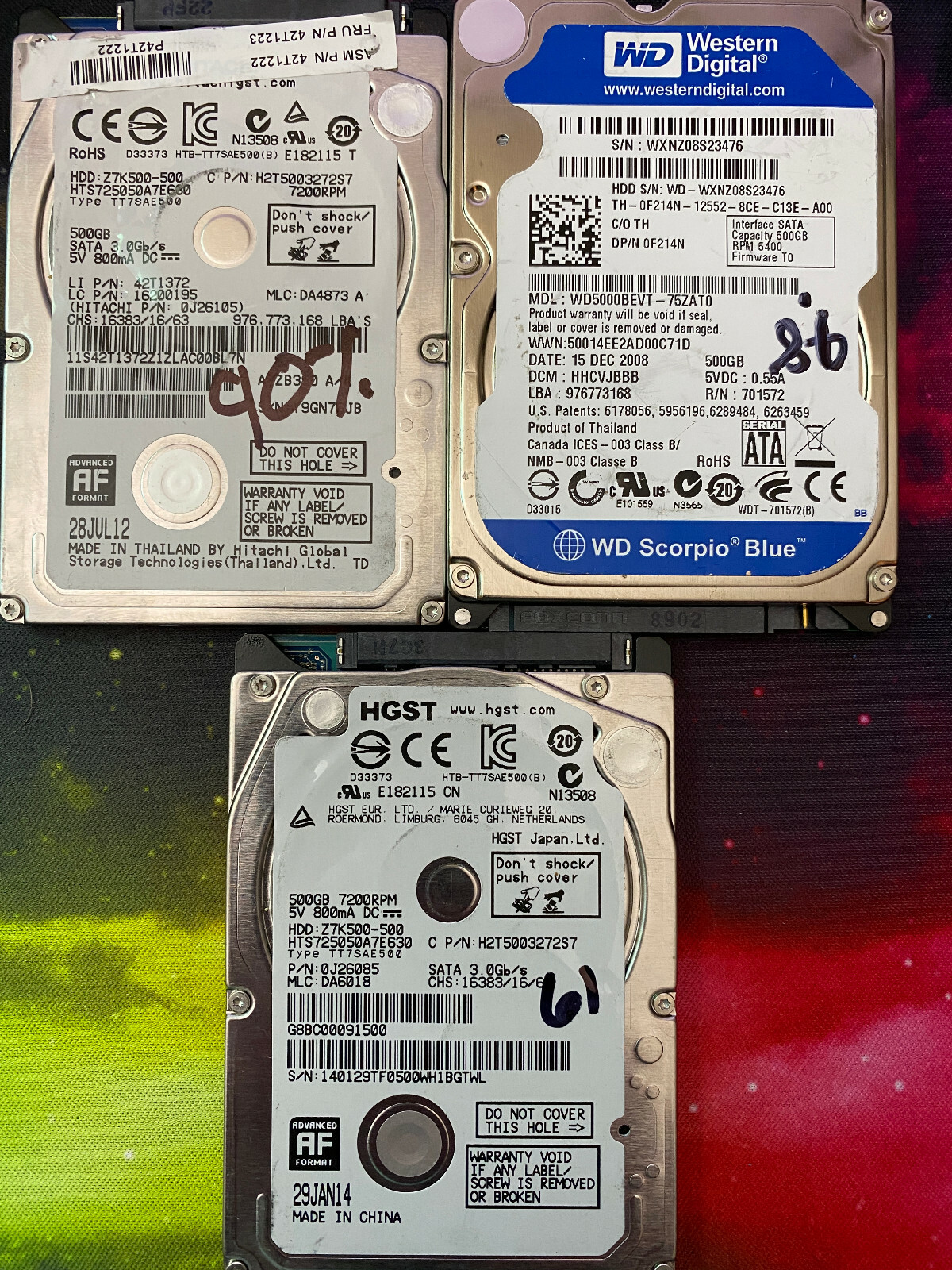 LOT OF QTY 3 500gb 2.5" Laptop SATA Replacement Hard Drives MIXED BRAND AS IS