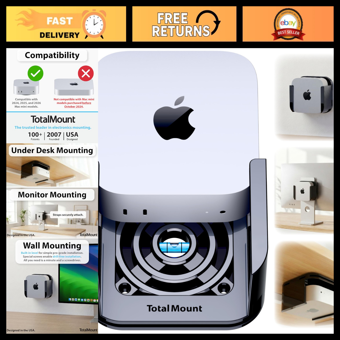 Mac Mini Mount with Cooling Vents - Wi-Fi Safe, Premium Quality, Space-Saving De