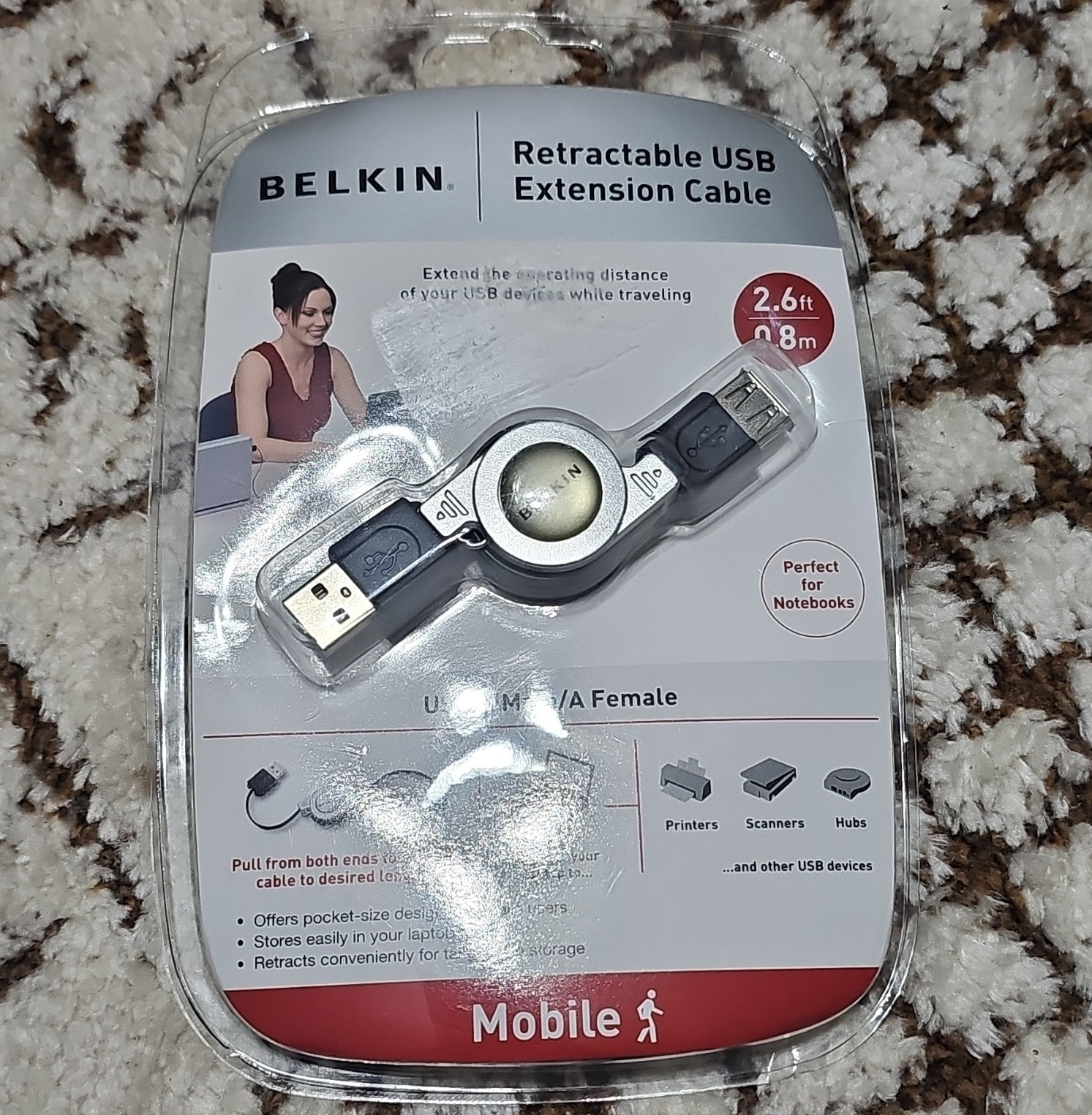 Belkin Retractable USB Extension Cable 2.6ft USB-A M/F Black/Silver