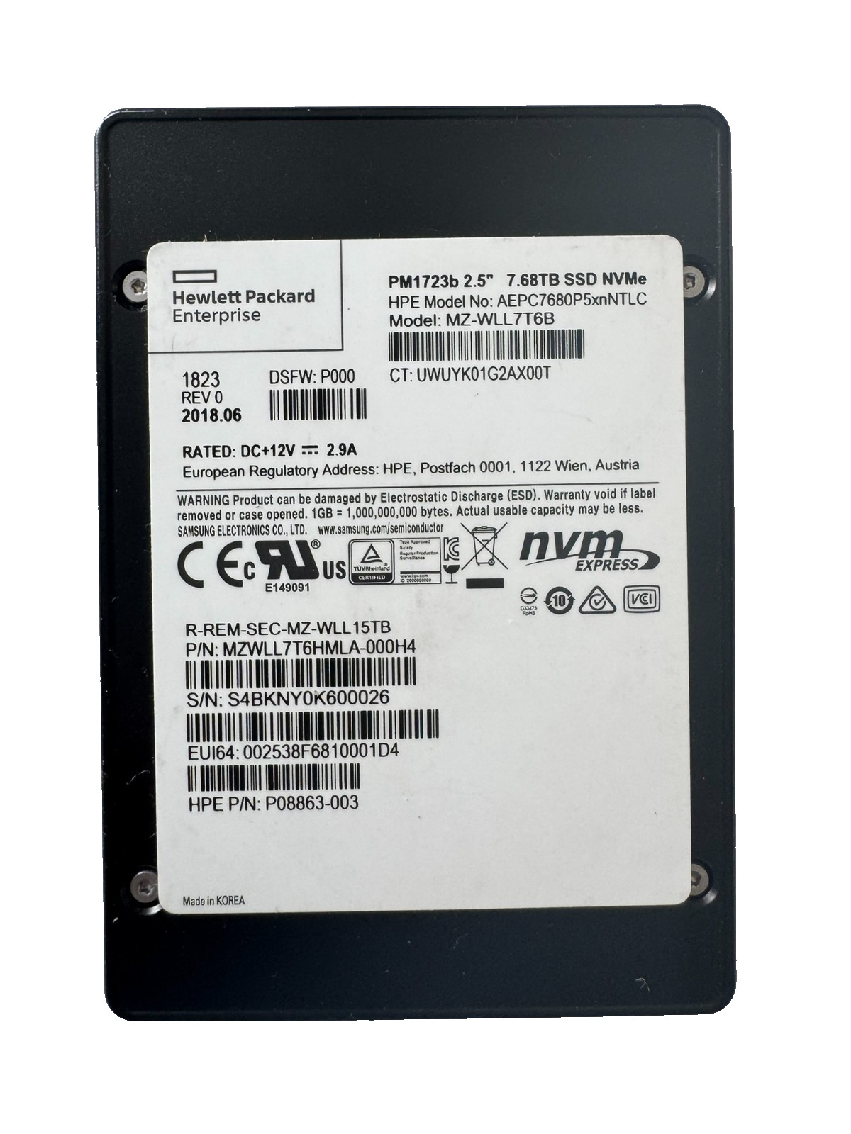HPE SAMSUNG PM1723b 7.68TB 2.5" PCIe3.0 x4 NVMe U.2 SSD/Very Low Hrs/100% HEALTH