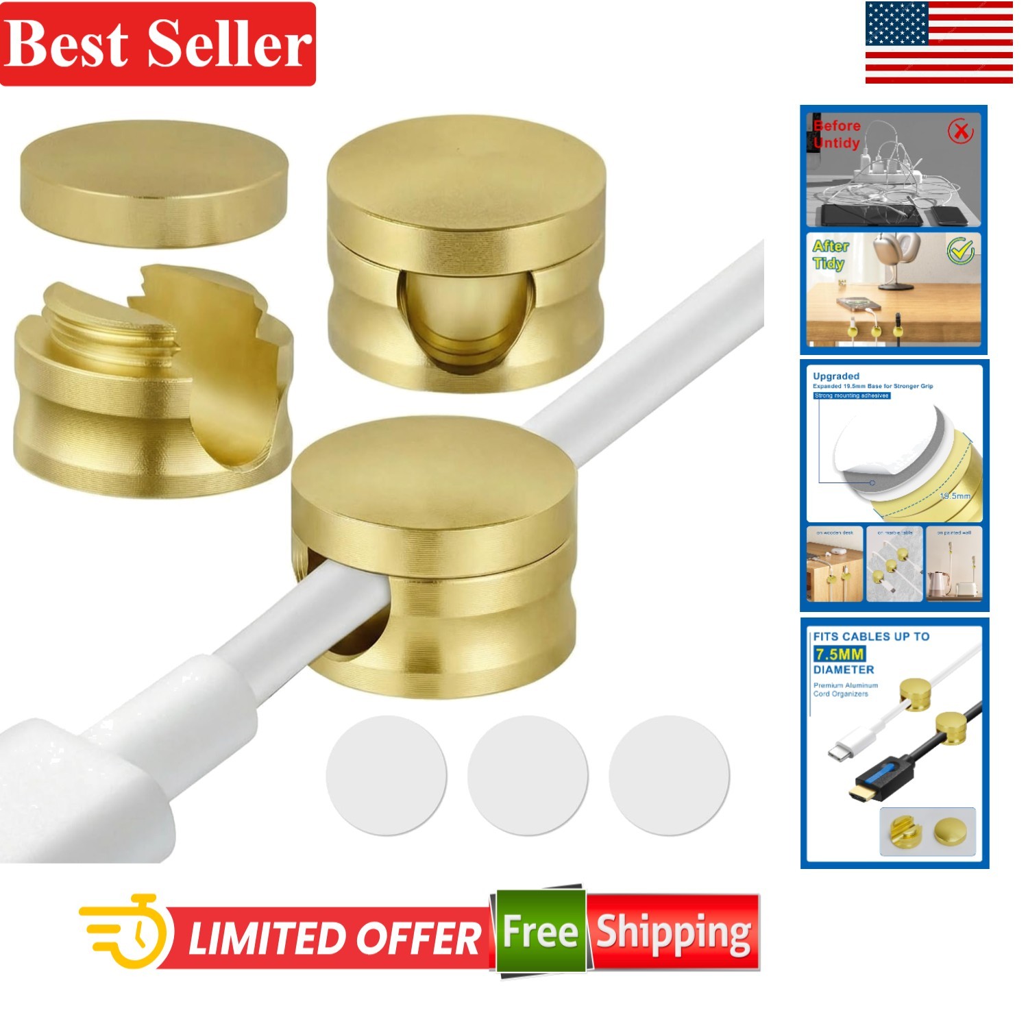 3 Pack Cable Management Clips with Extra Large Adhesive Gold Aluminum