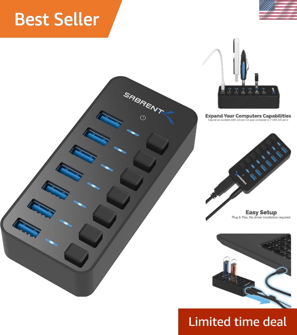 Sleek 7-Port USB 3.0 Hub with Individual Switches and Visual LED Indicators
