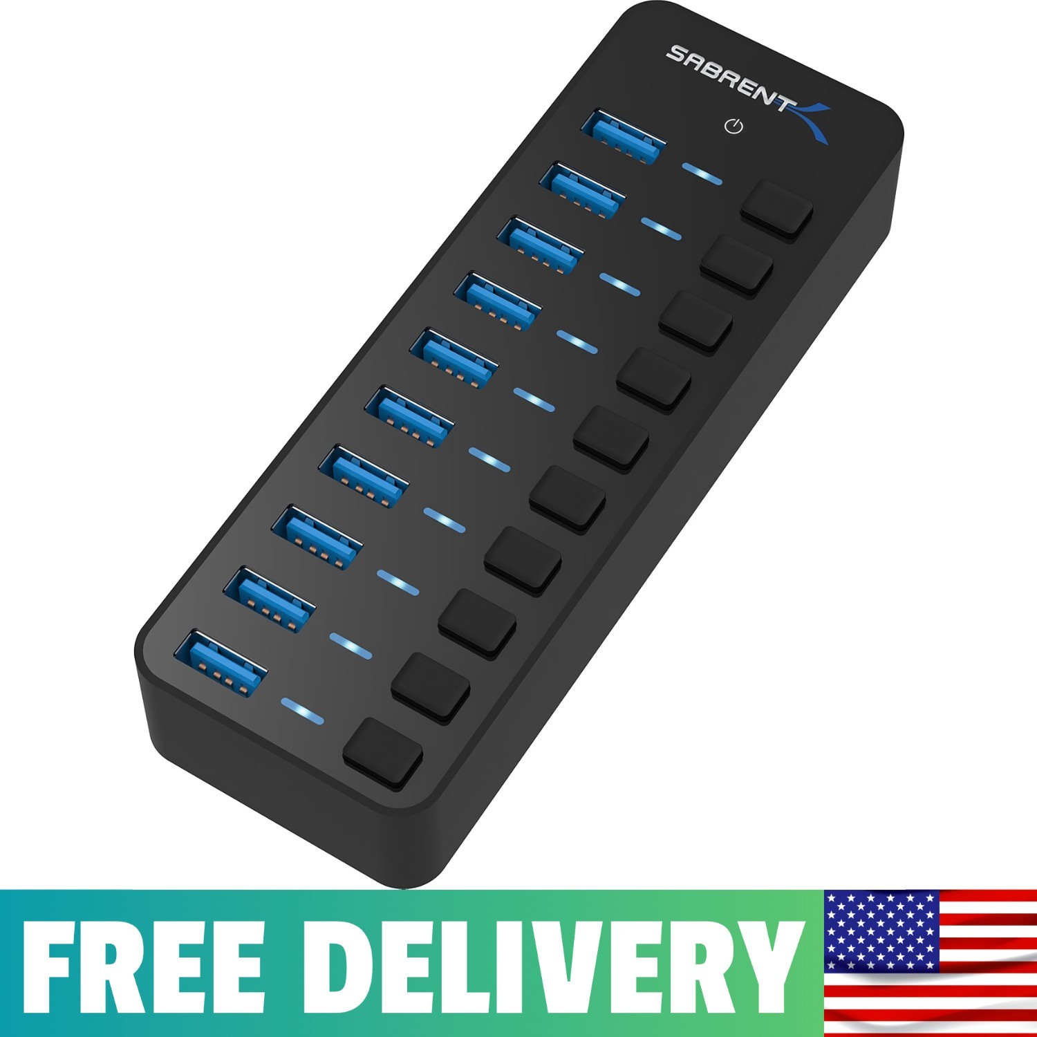 SABRENT 10-Port 60W USB 3.0 Hub with Individual Power Switches and LEDs,