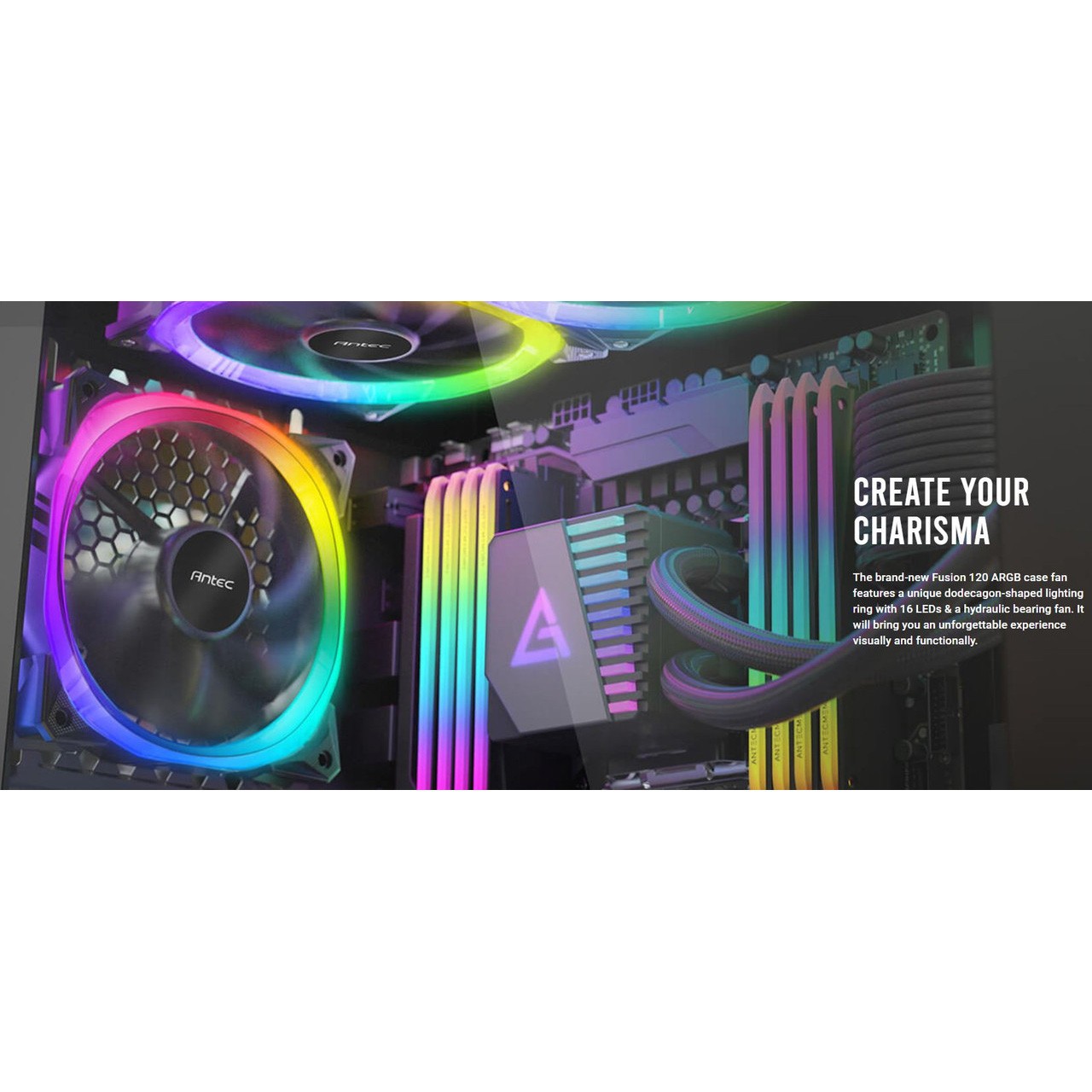 Antec Fusion 120mm ARGB PWM HB Fan Airflow 57.93 CFM Air Pressure 2.11 Noise