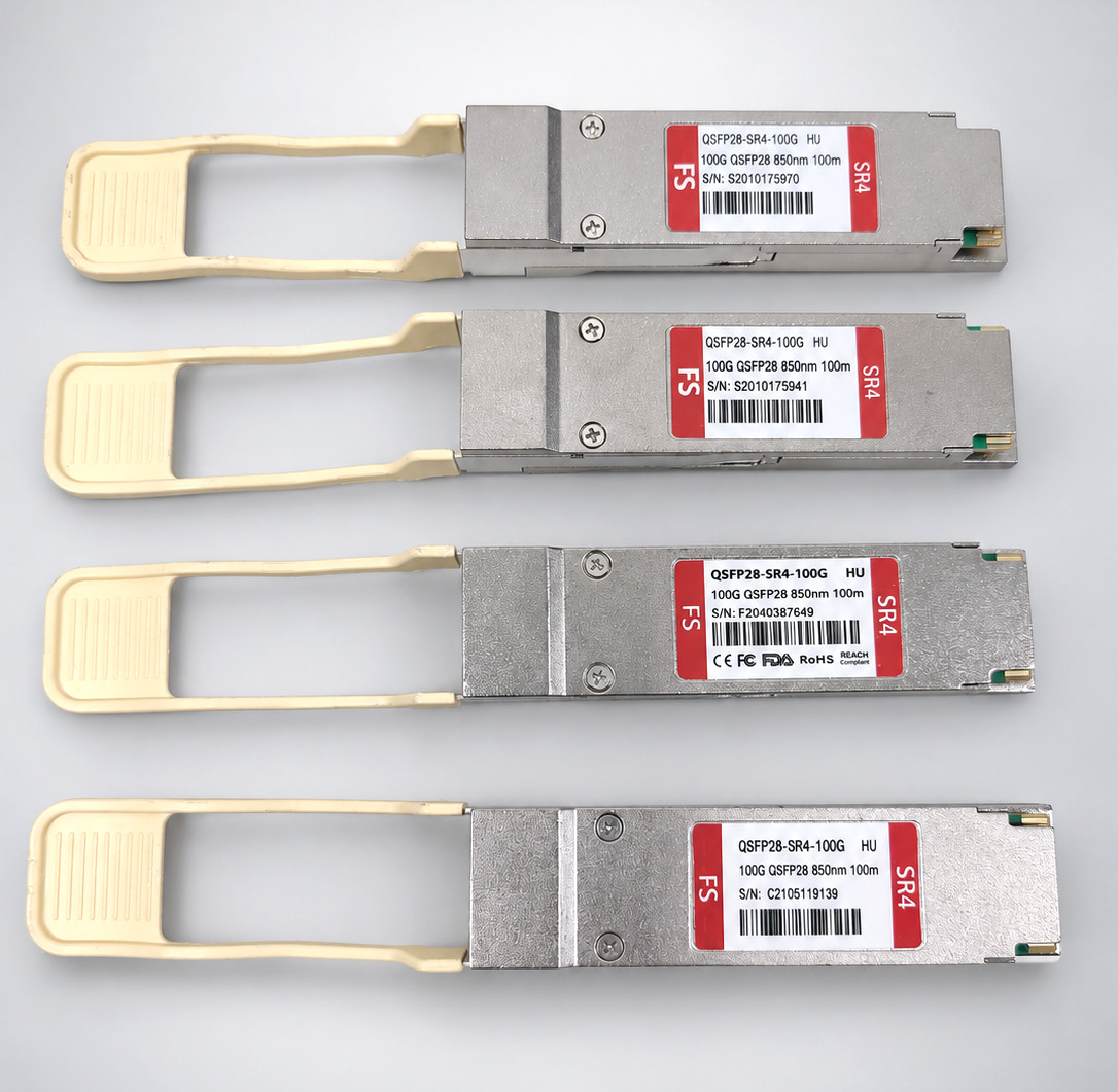 Lot of 4 FS QSFP28-SR4-100G 100GBASE-SR4 QSFP28 850nm MMF Transceivers