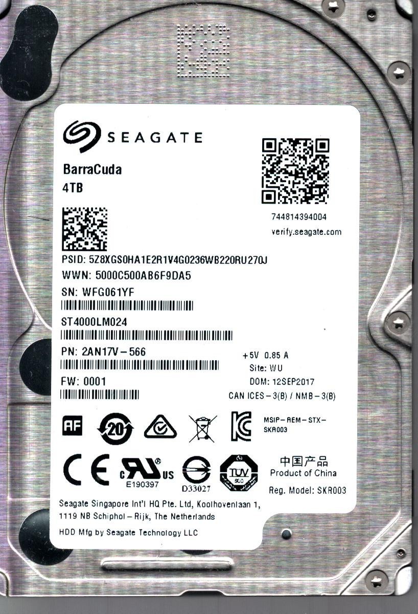 ST4000LM024 P/N: 2AN17V-566 S/N: WFG0 WU 4TB SEP 2017 CHINA SEAGATE