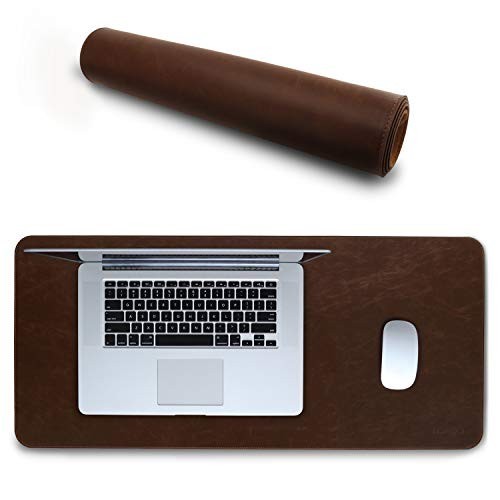 Brown Faux Leather Extended Mouse Pad 28.7 x 13.1in Non-Slip Wrist Support