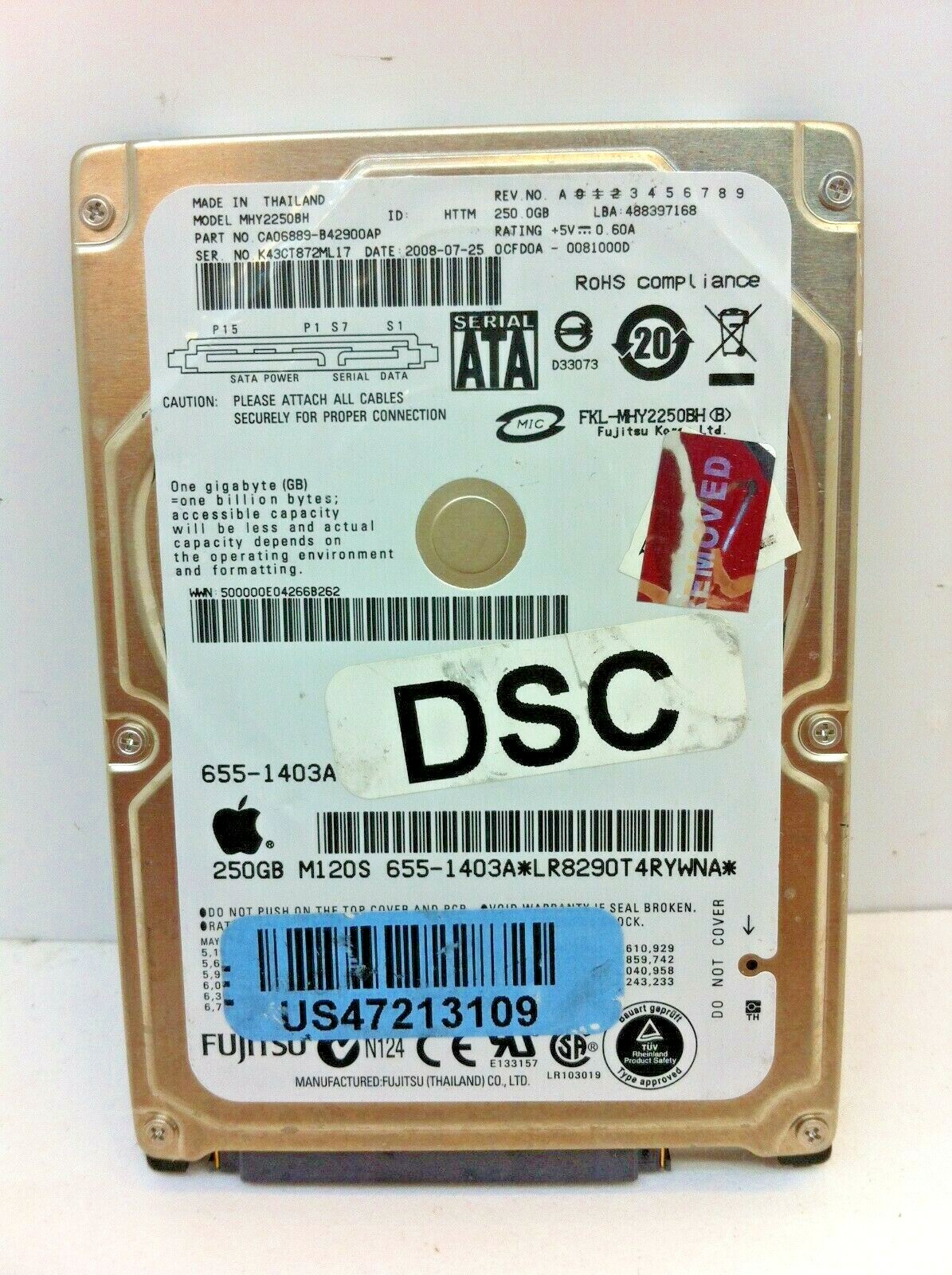 Apple 655-1403A Fujitsu CA06889-B42900AP 250GB 5400RPM SATA-1 8MB 2.5" HDD - 180