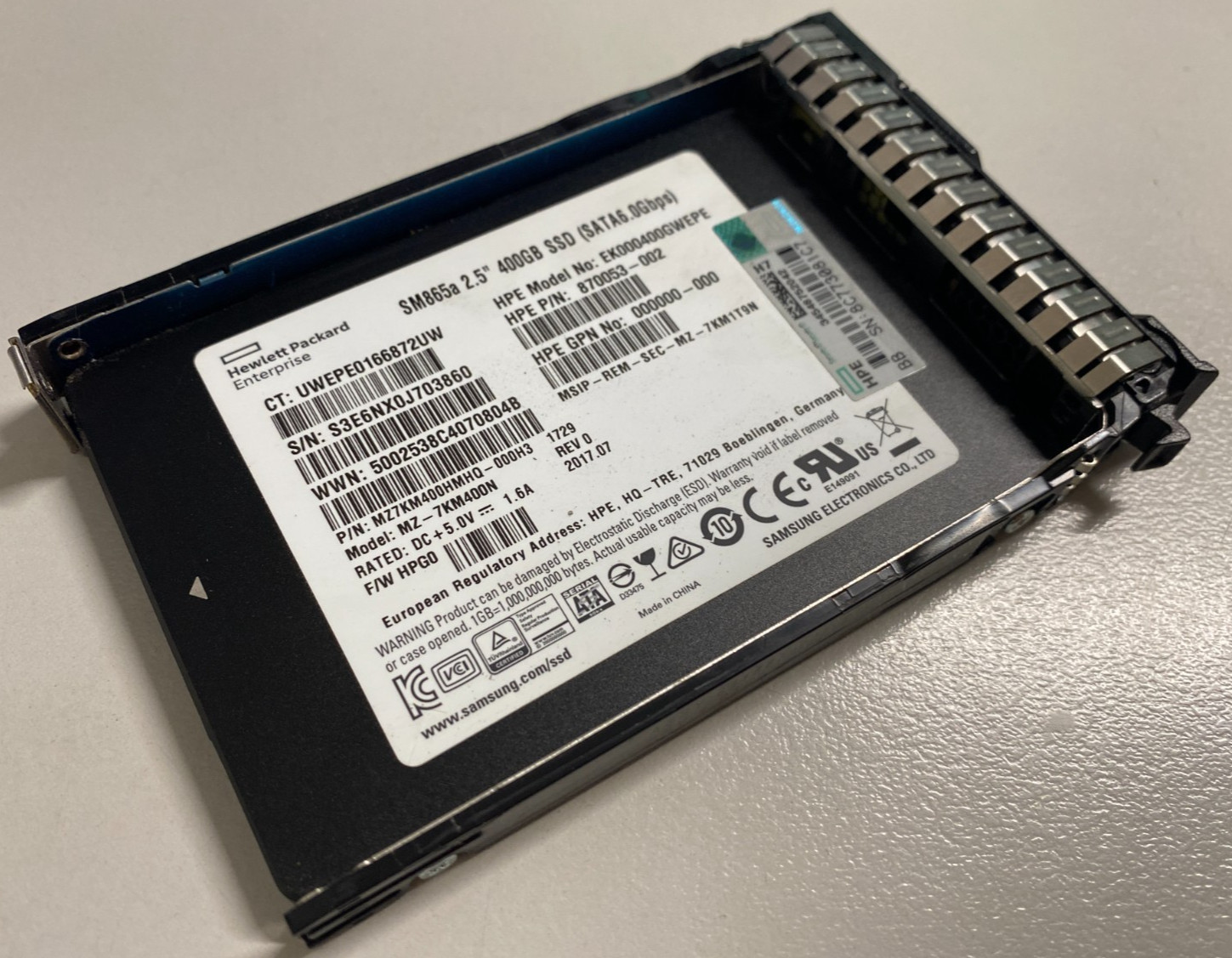 870053-002 872512 HPE SM865a 2.5" 400GB SSD SATA 6Gbs MZ7KM400HMHQ-000H3 w Caddy