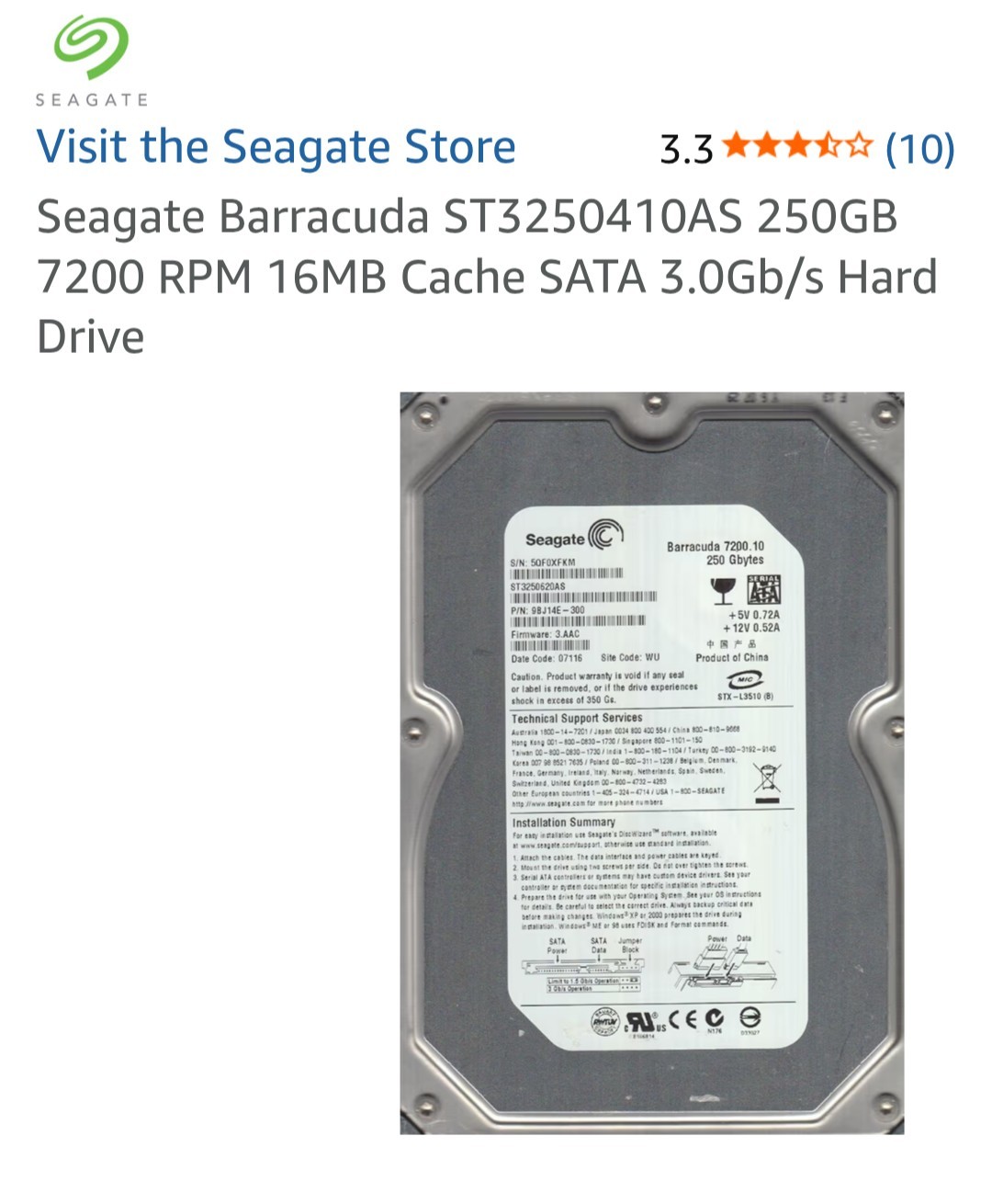 Seagate Barracuda 7200.10 250GB Internal 7200RPM 3.5" (ST3250410AS) HDD