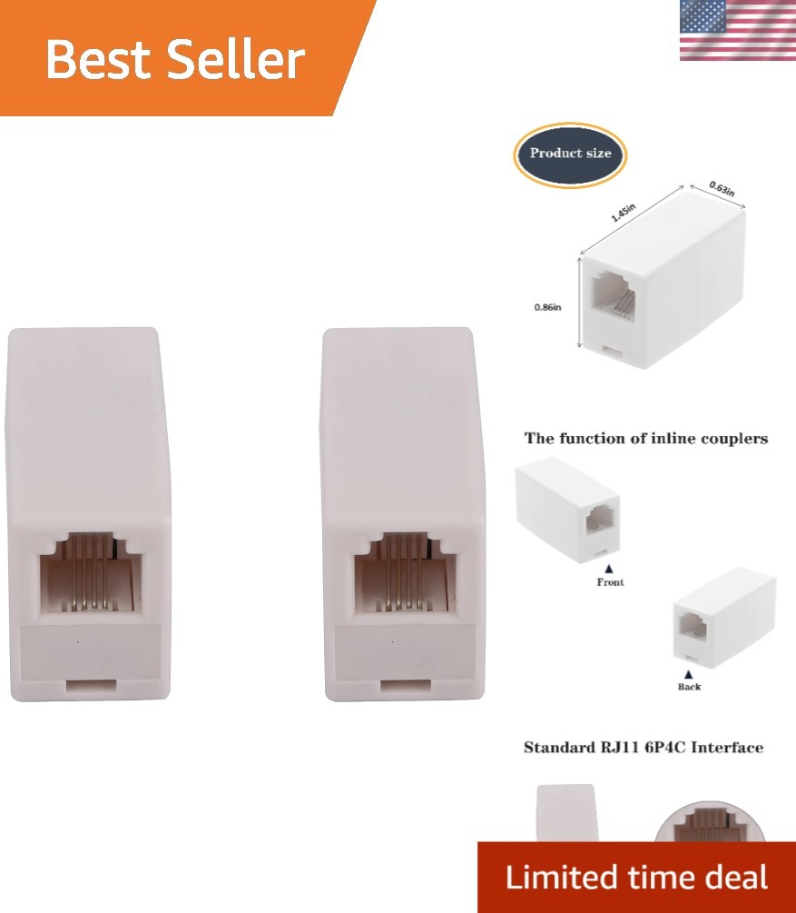 Durable High-Speed RJ11 Telephone Couplers - Female to Female, White Dual Pack