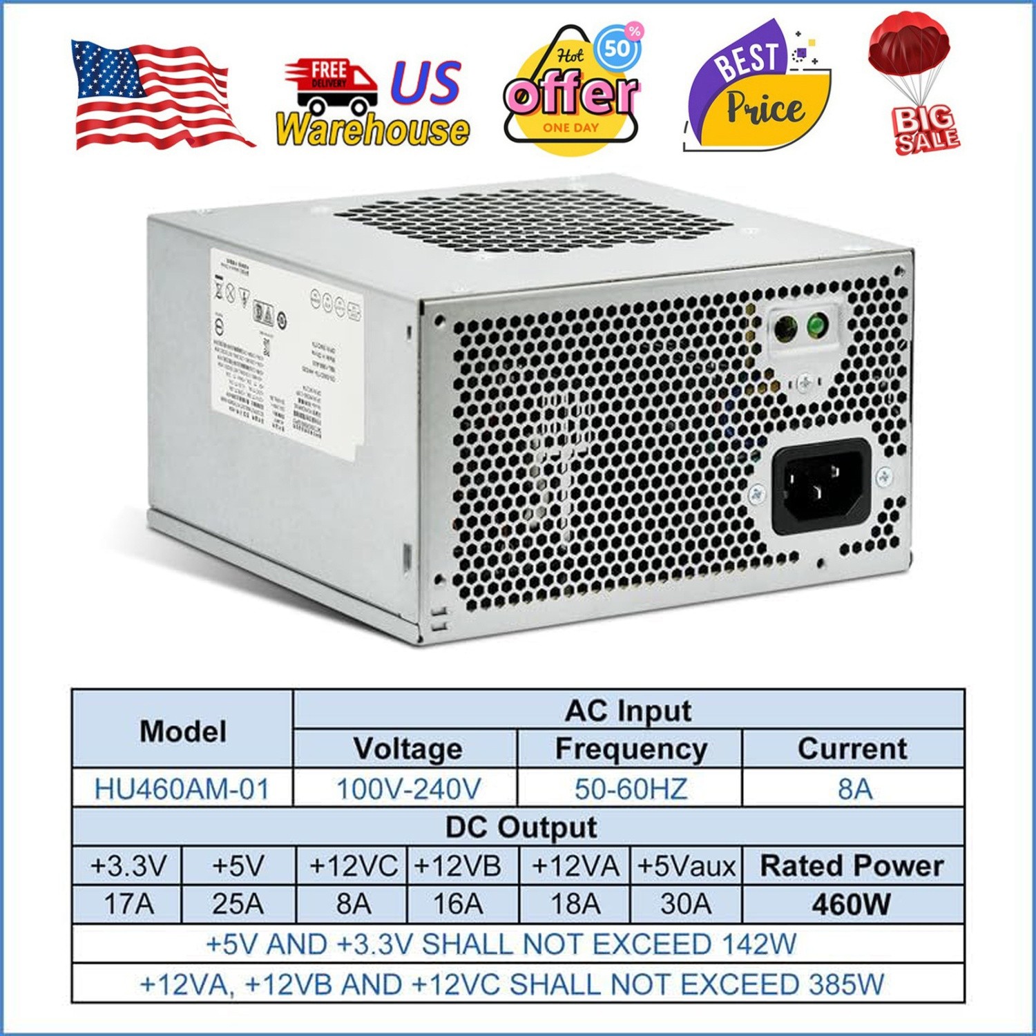 HU460AM-01 WC1T4 D460AM-03 460W Power Supply for Dell XPS and Alien-Ware Aurora.