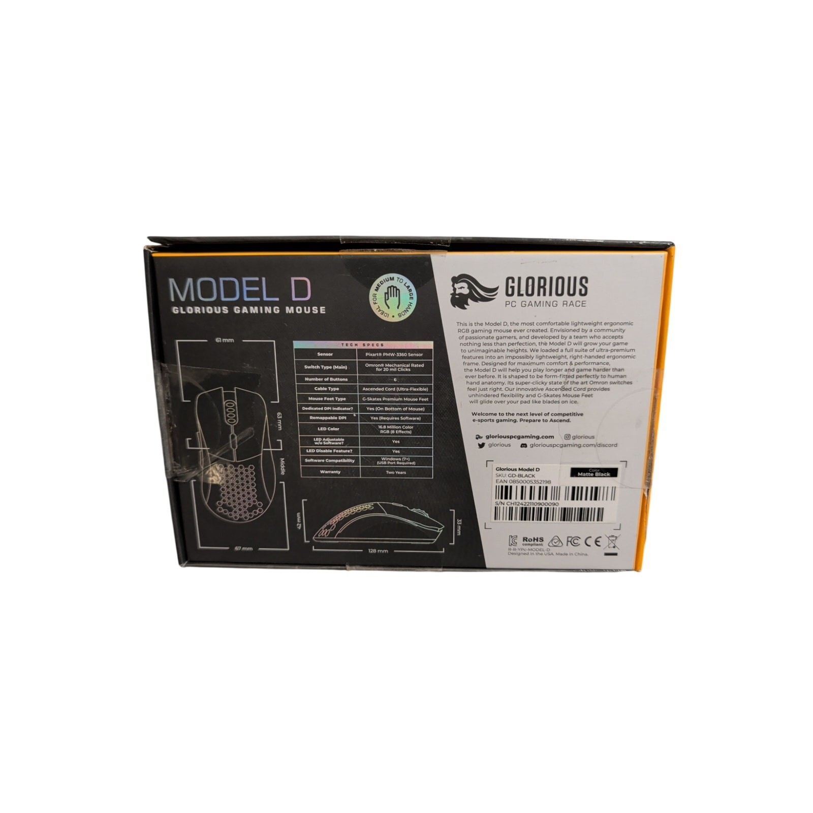 Glorious Model D Wired Ergonomic RGB Gaming Mouse - Matte Black (GD-BLACK)