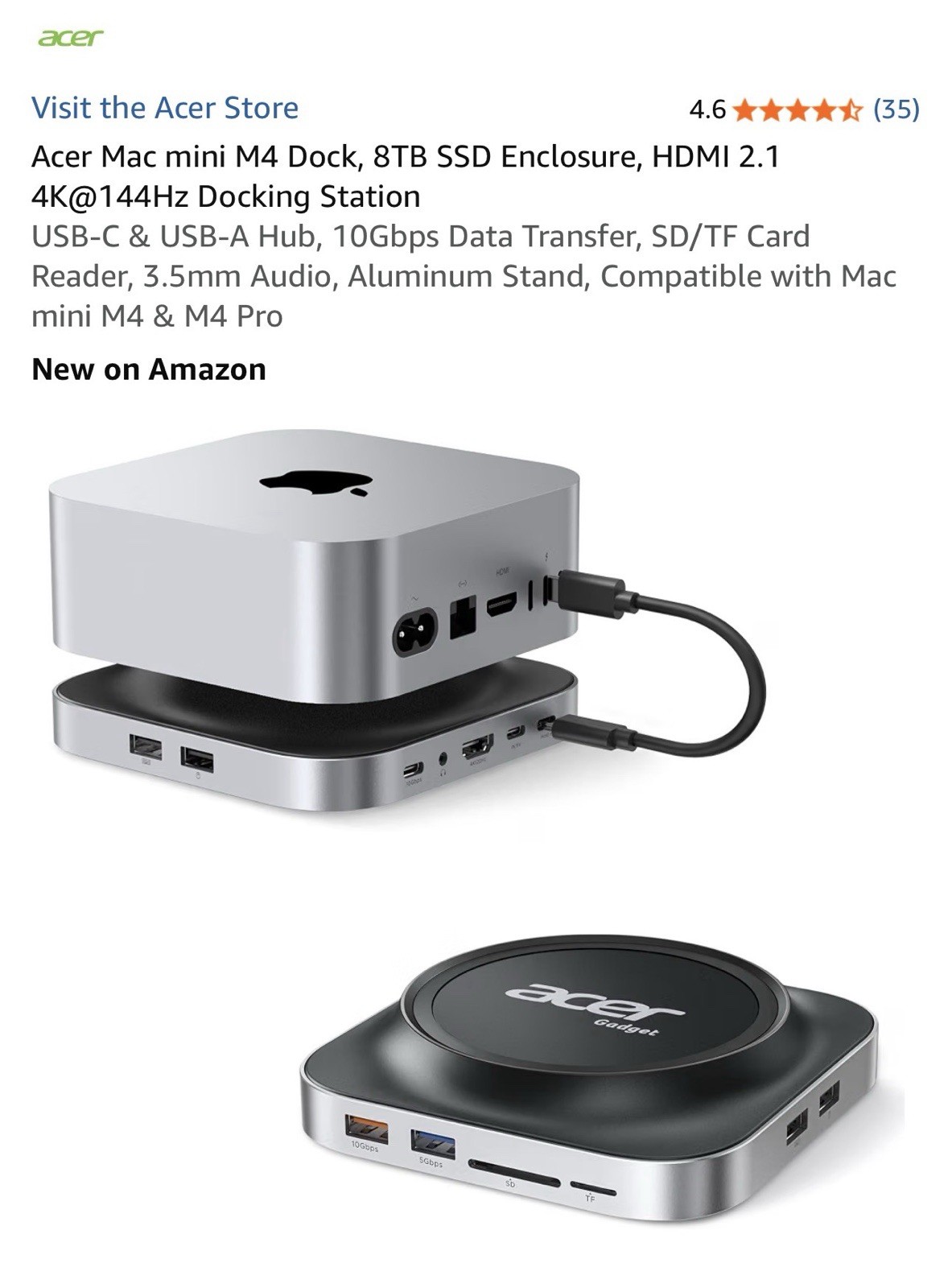 Acer Mac mini M4 Dock, 8TB SSD Enclosure, HDMI 2.1 4K@144Hz Docking Station