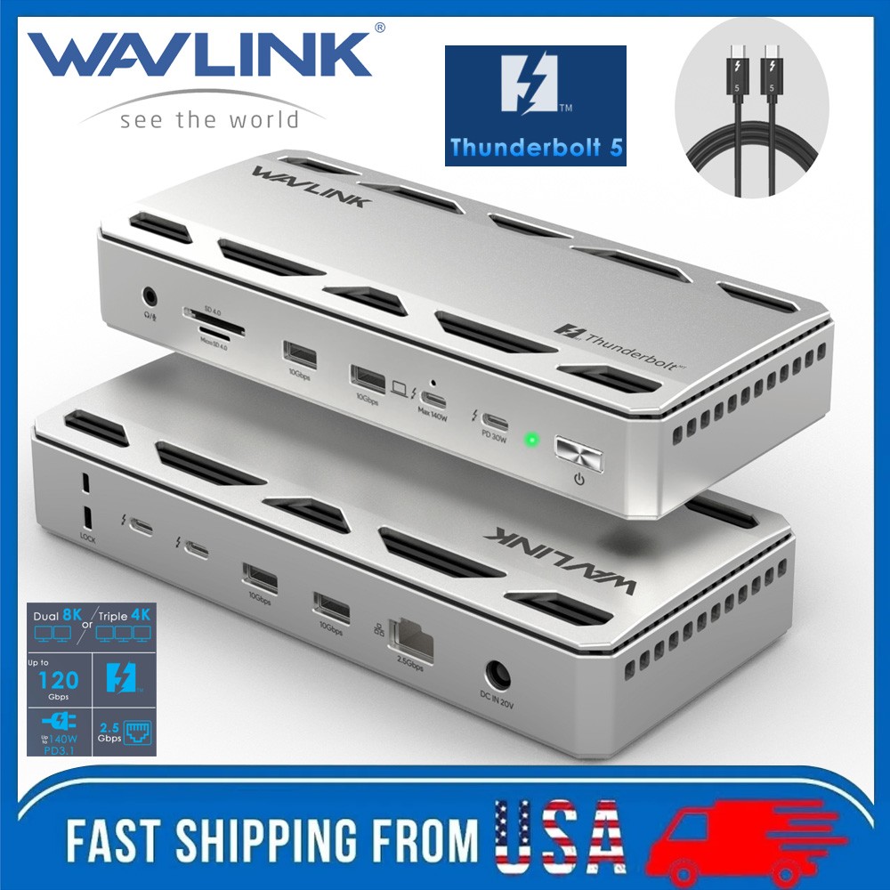 WAVLINK Thunderbolt 5 Dock 3x TB5 USB-C 80Gbps 12-in-1 Hub MAX 140W PD USB-A 3.2