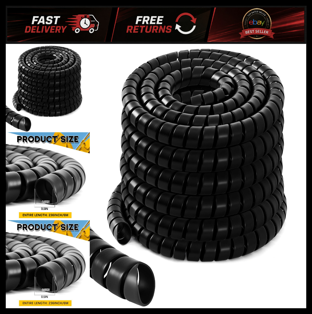 Spiral Cable Protector Wrap 1/2" OD x 20' - Hydraulic Hose Safety Sleeve, Black