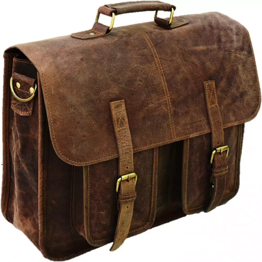 Satchel And Fable Mens Messenger 16 Inch Vintage Genuine Leather Briefcase Large