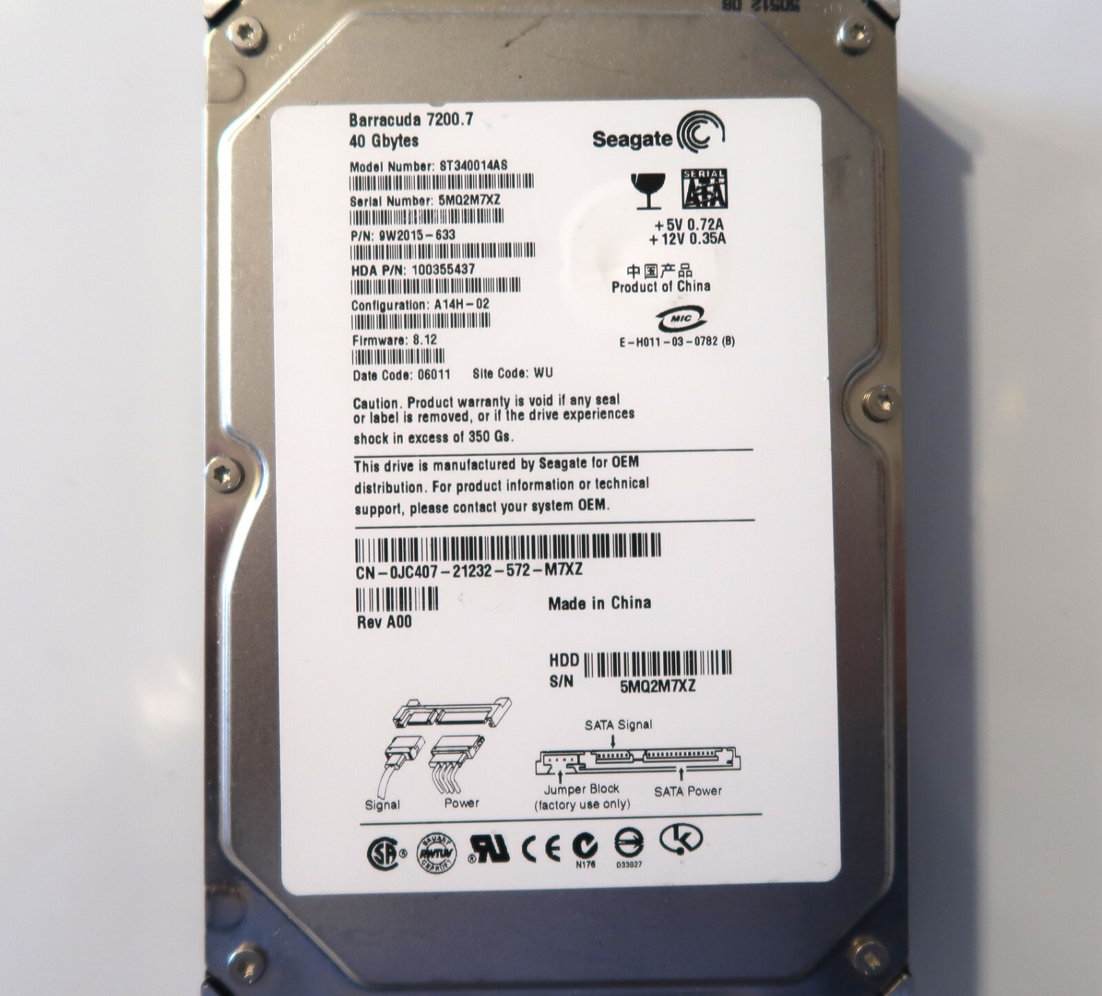 Seagate ST340014AS 9W2015-633 WU 8.12 China (5MQ) 40gb Sata 3.5" 07/2005