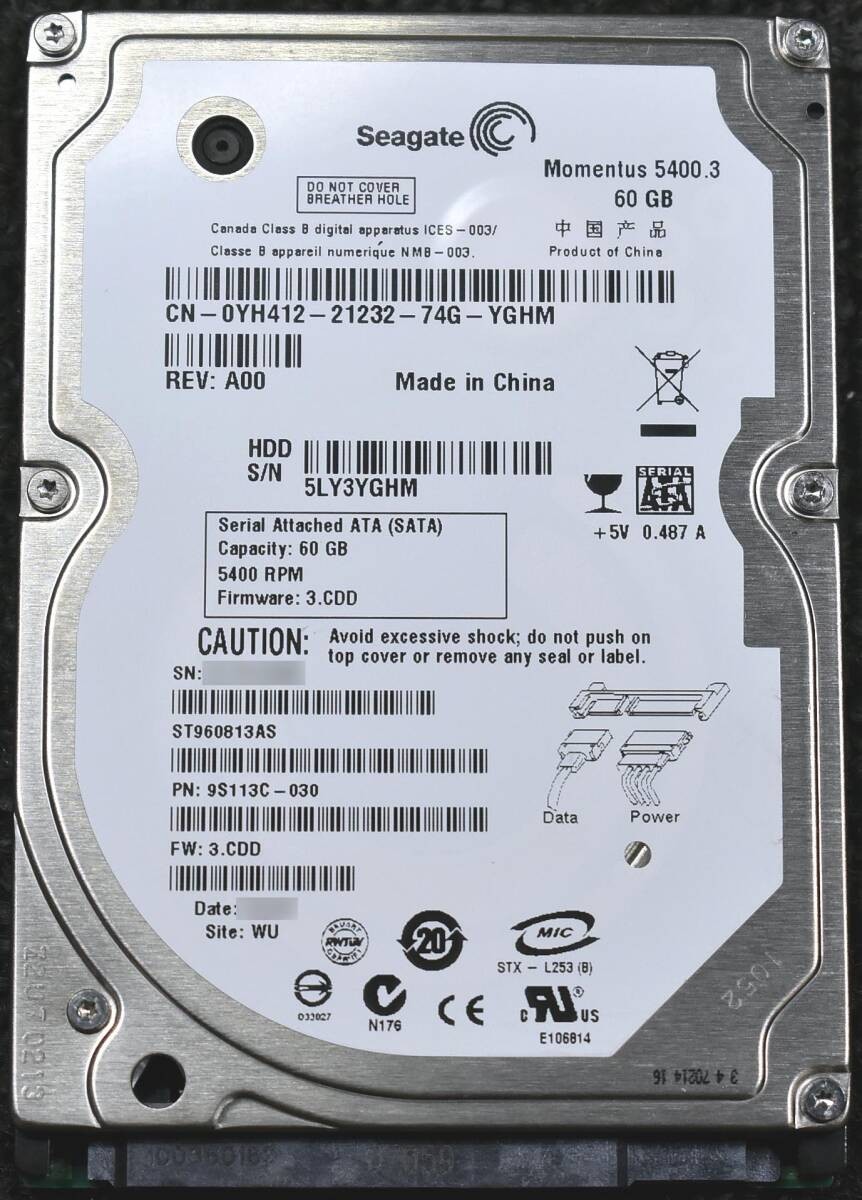 Seagate ST960813AS [60GB 2.5-inch 9.5mm SATA HDD Usage time 6065H (Crystal DiscI