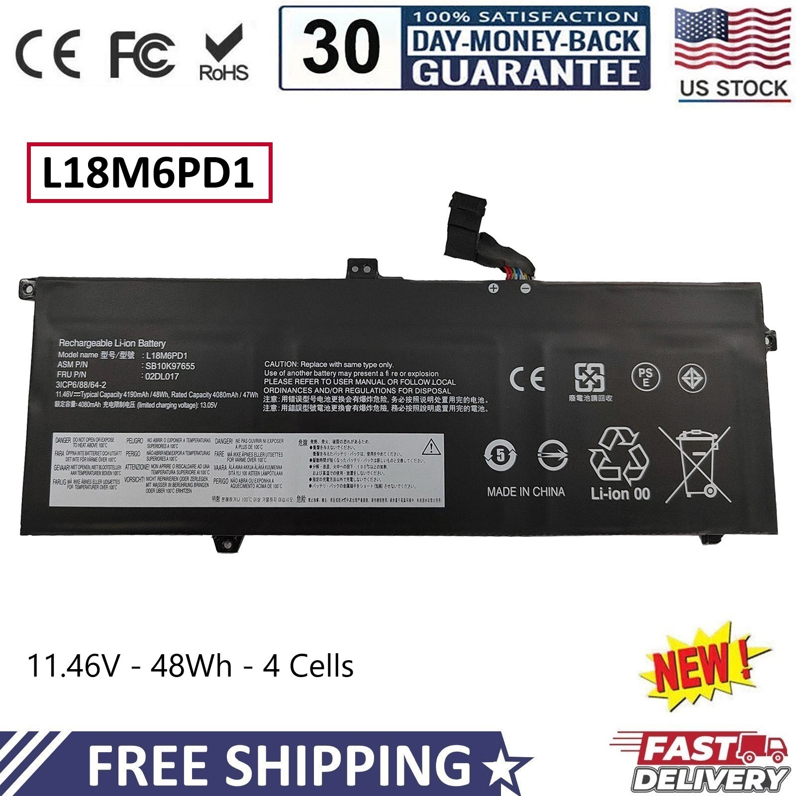 ✅L18M6PD1 L18C6PD1 48WH BATTERY FOR LENOVO THINKPAD X13 X390 X395 SERIES 02DL017