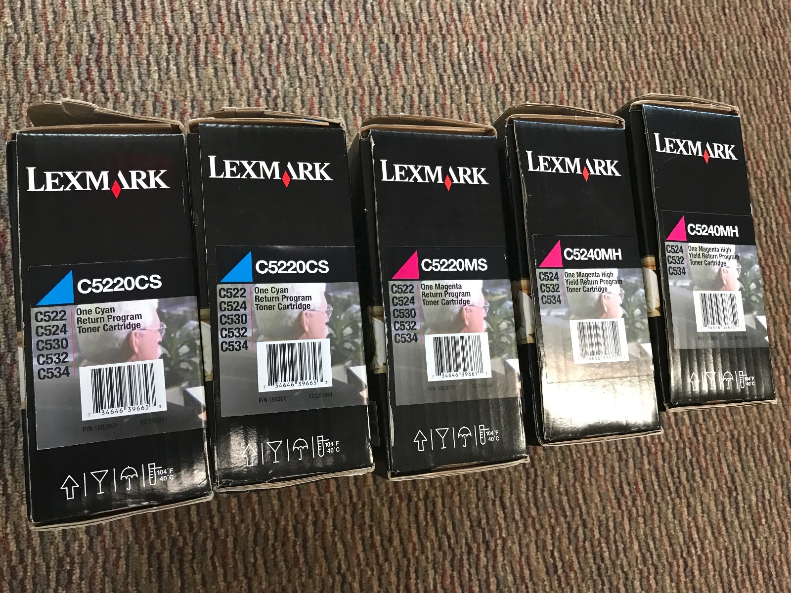 Set of 5 Lexmark Return Program Toner Cartridges 2 C5220MS, 1 C5220CS, 2 C5240MH