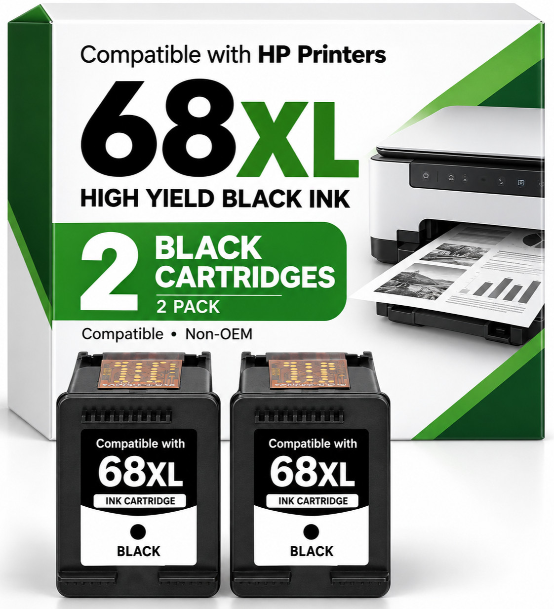 68XL 2 Pack Black Ink Cartridges  Compatible with HP Envy 6555e 6552e 6155e