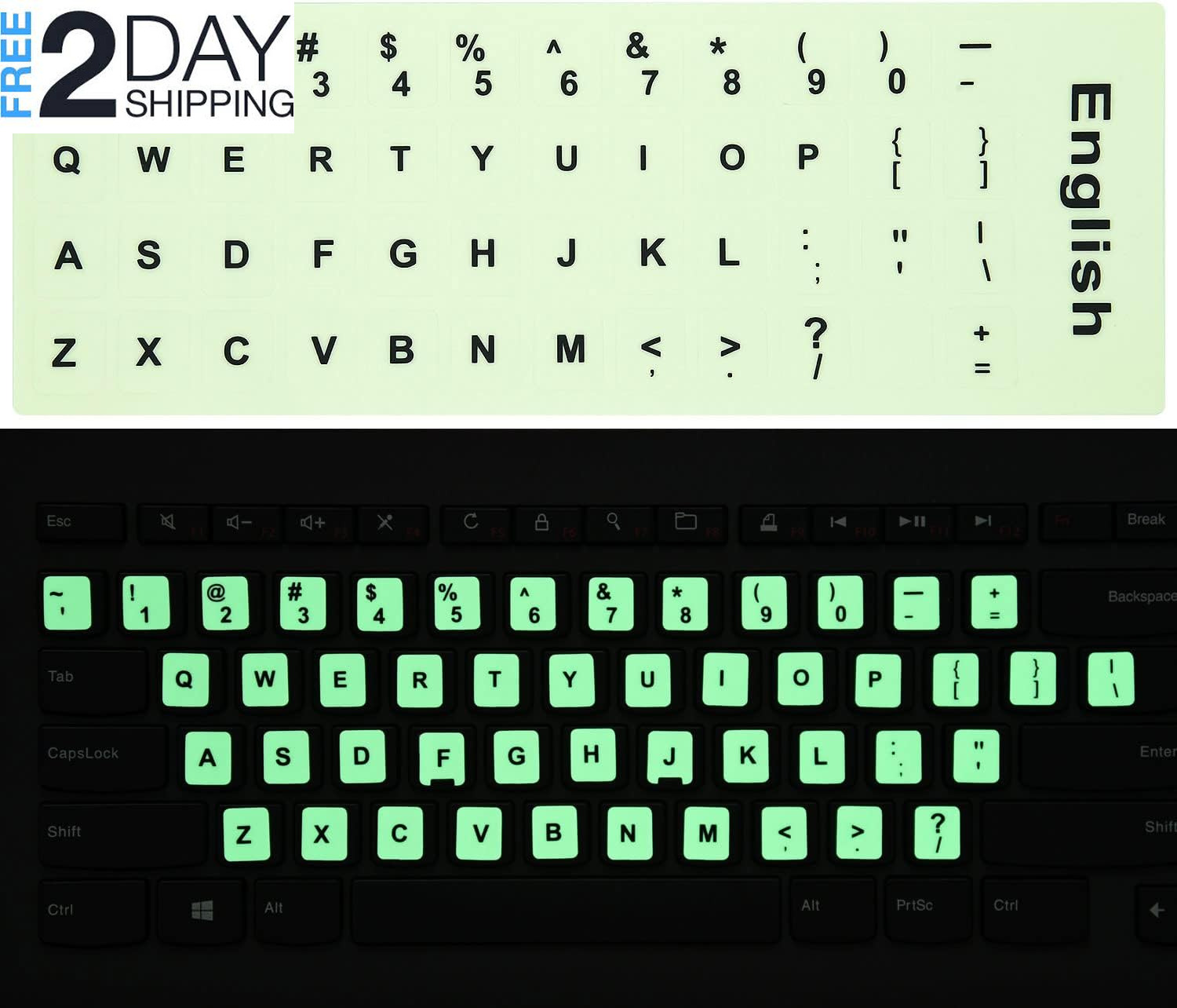 2PCS Pack Universal English Keyboard Stickers Glow in the Dark, Keyboard Letters