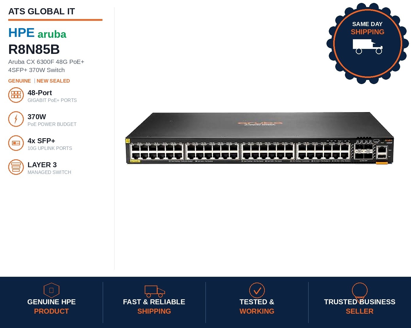 HPE Aruba R8N85B CX 6300F 48G PoE+ 4SFP+ 370W Managed Switch New Sealed